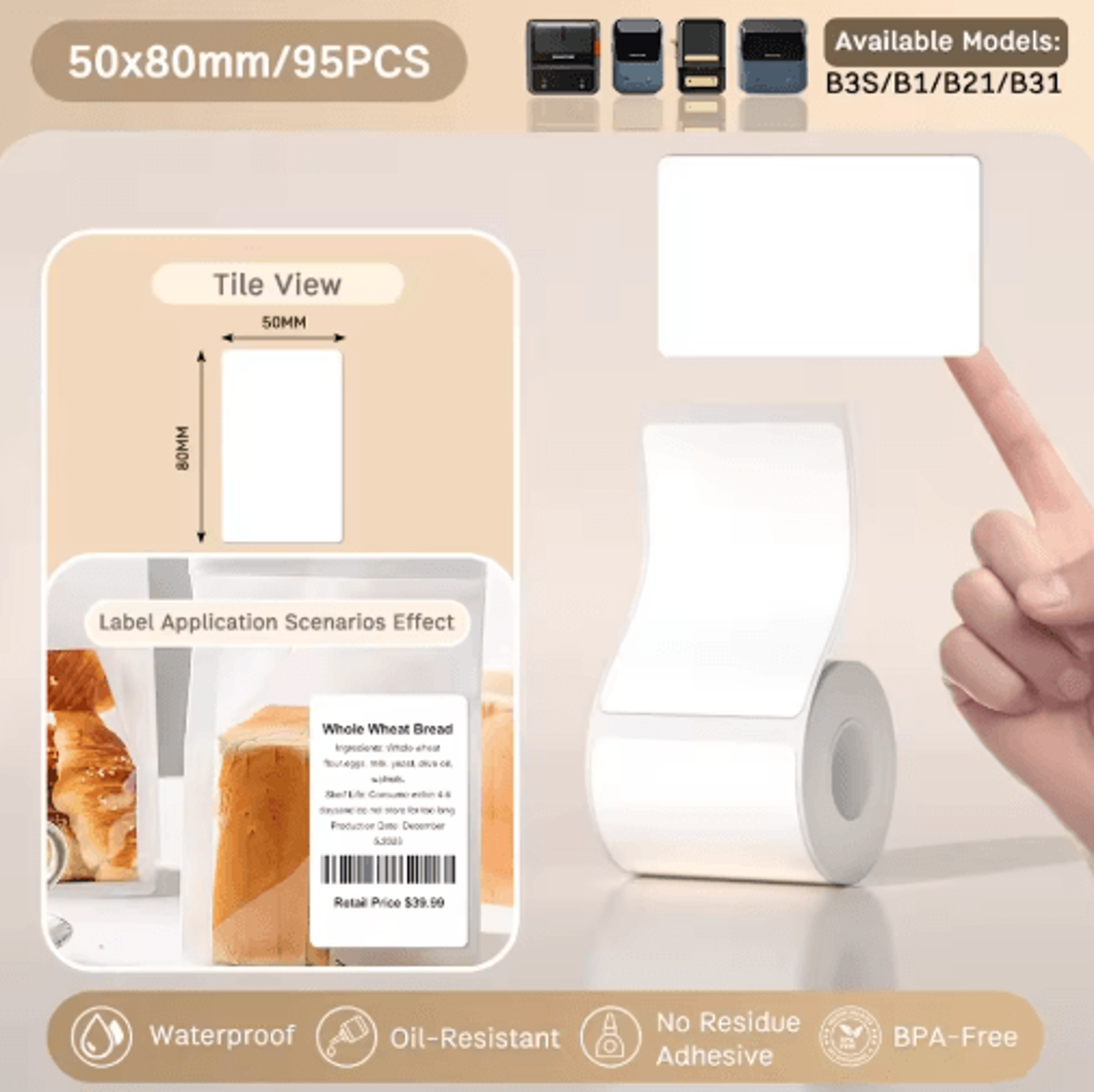 White Thermal Label Stickers  2050mm Printable Paper For B21 B1  B3S 14
