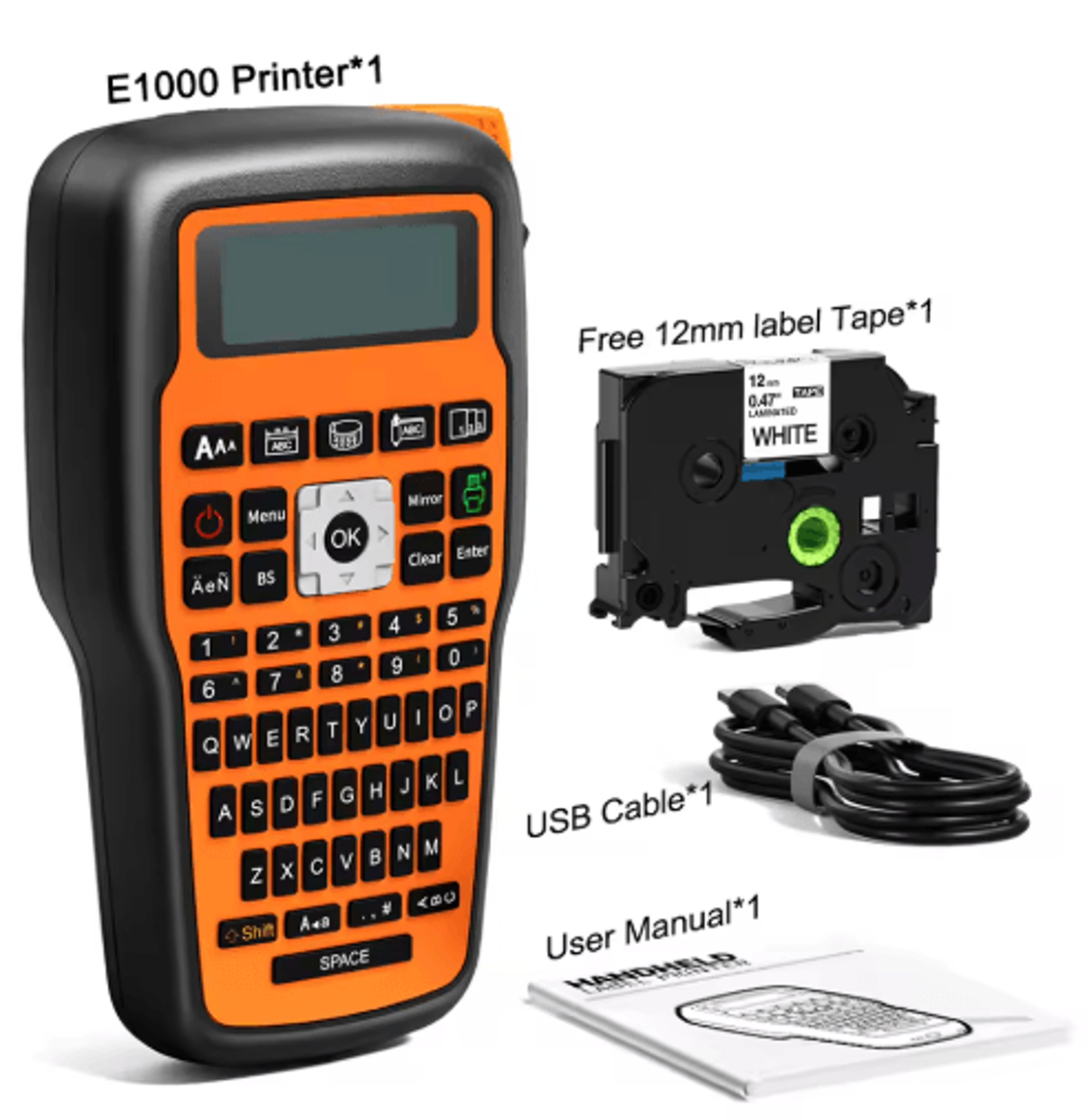 E1000 QWERTY Label Printer  Portable Label Maker For Heat Shrink Tubes  TZ231 Tape 1