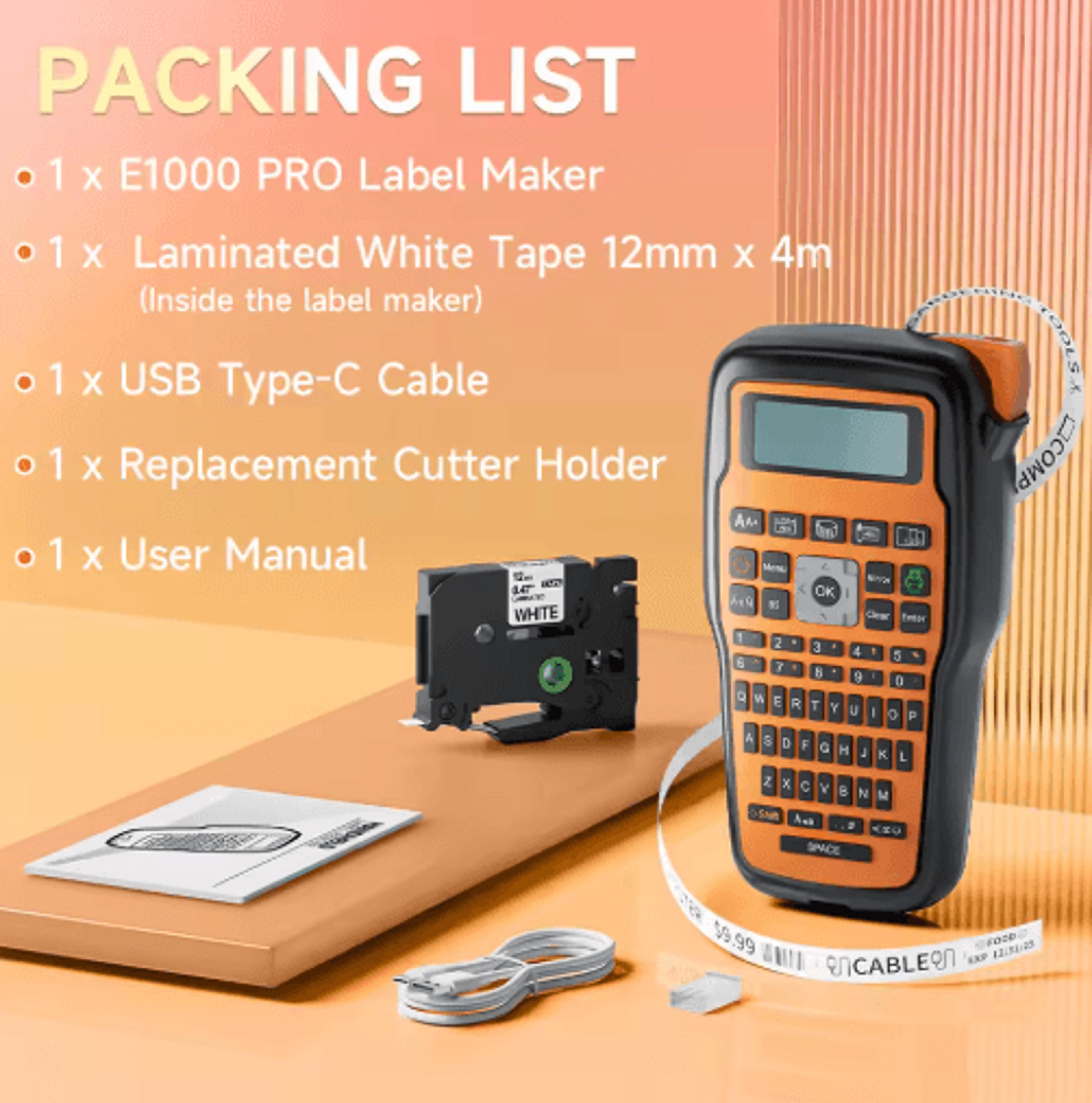 E1000 QWERTY Label Printer  Portable Label Maker For Heat Shrink Tubes  TZ231 Tape 15
