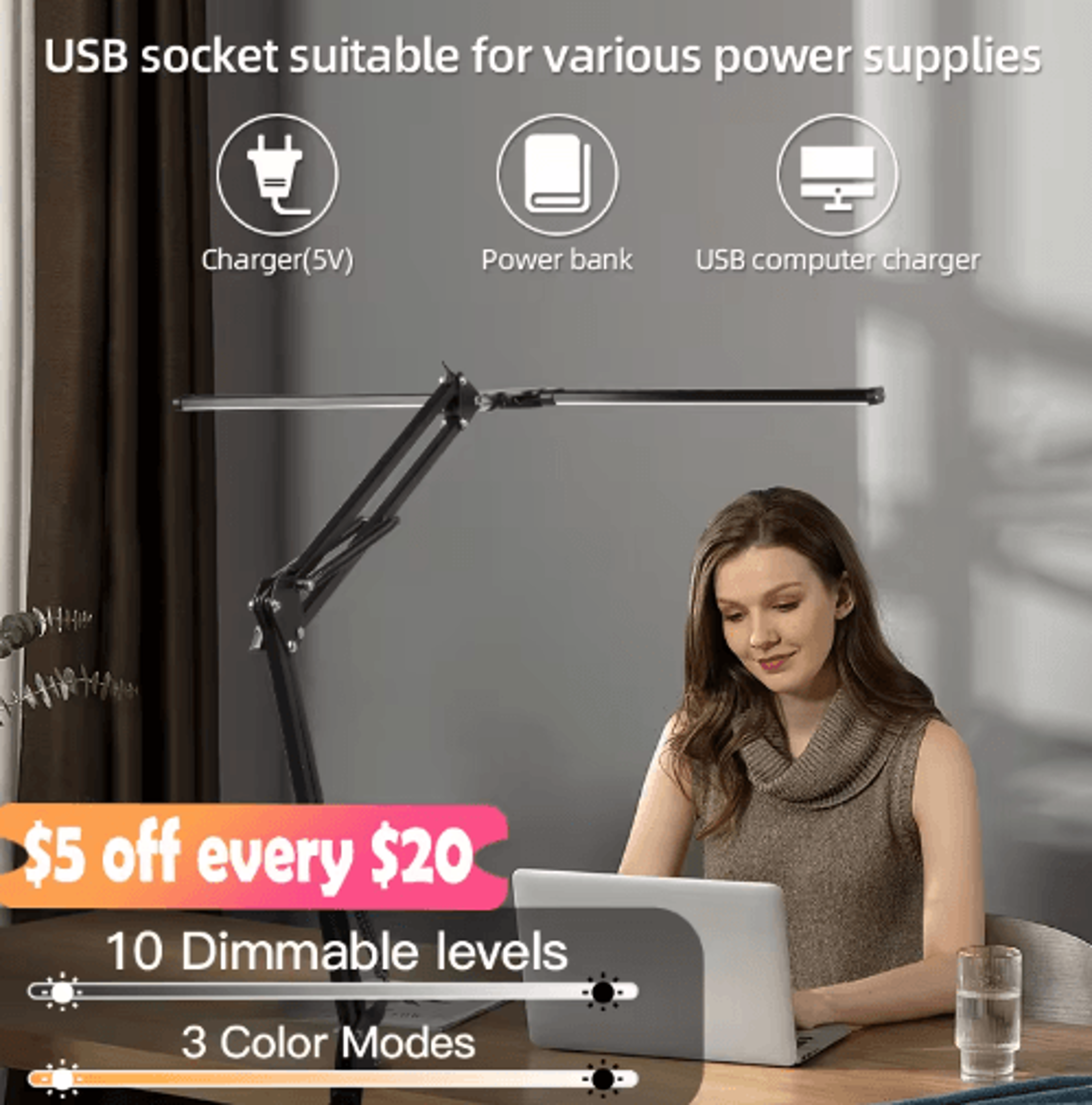 24W Dual Head LED Monitor Light Bar USB Dimmable Desk Lamp 9