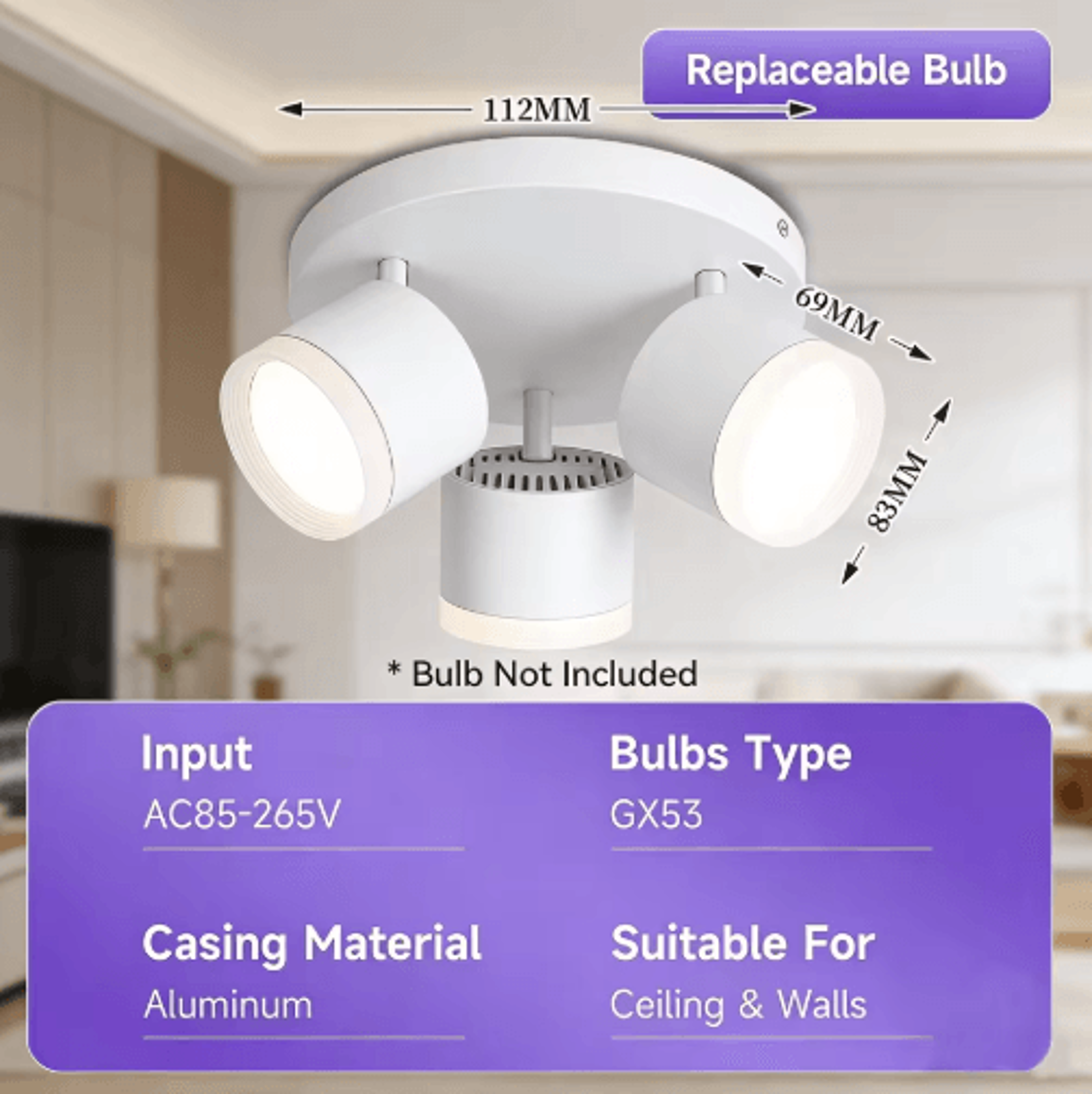 GX53 LED Ceiling Spotlight  220V Replaceable Bulb Lamp For Dining Room  Porch 7