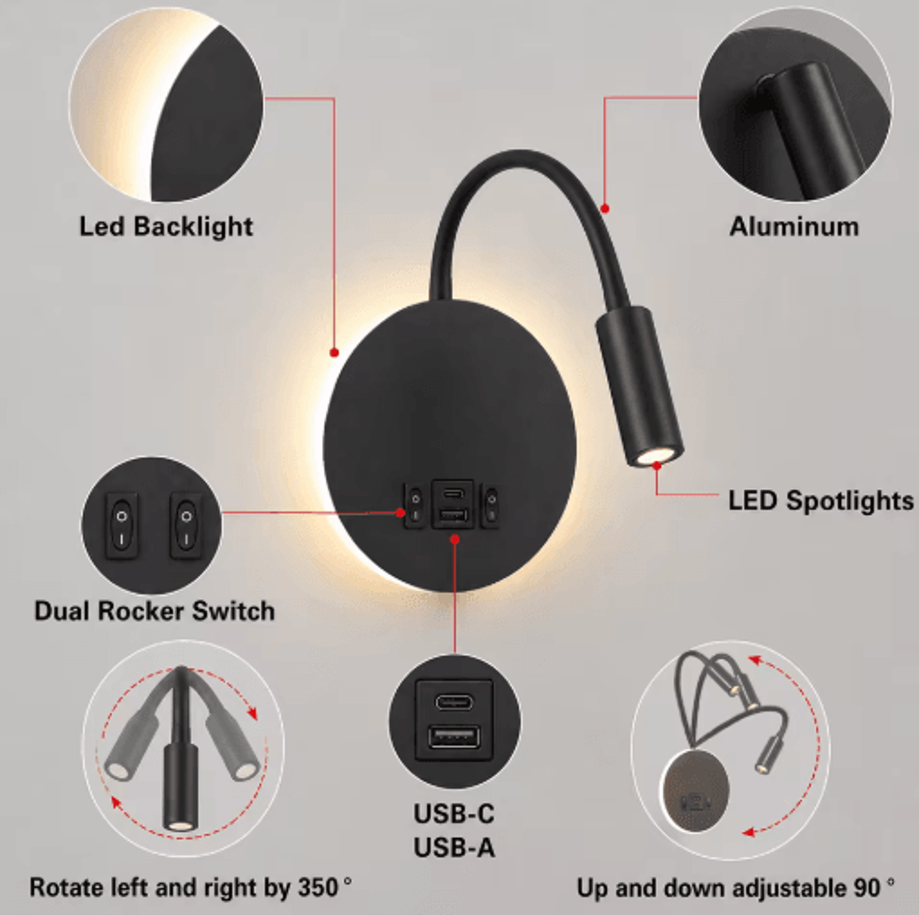 LED Gooseneck Wall Reading Lamp  Flexible Bedside Spotlight With USB Port  Switch 7