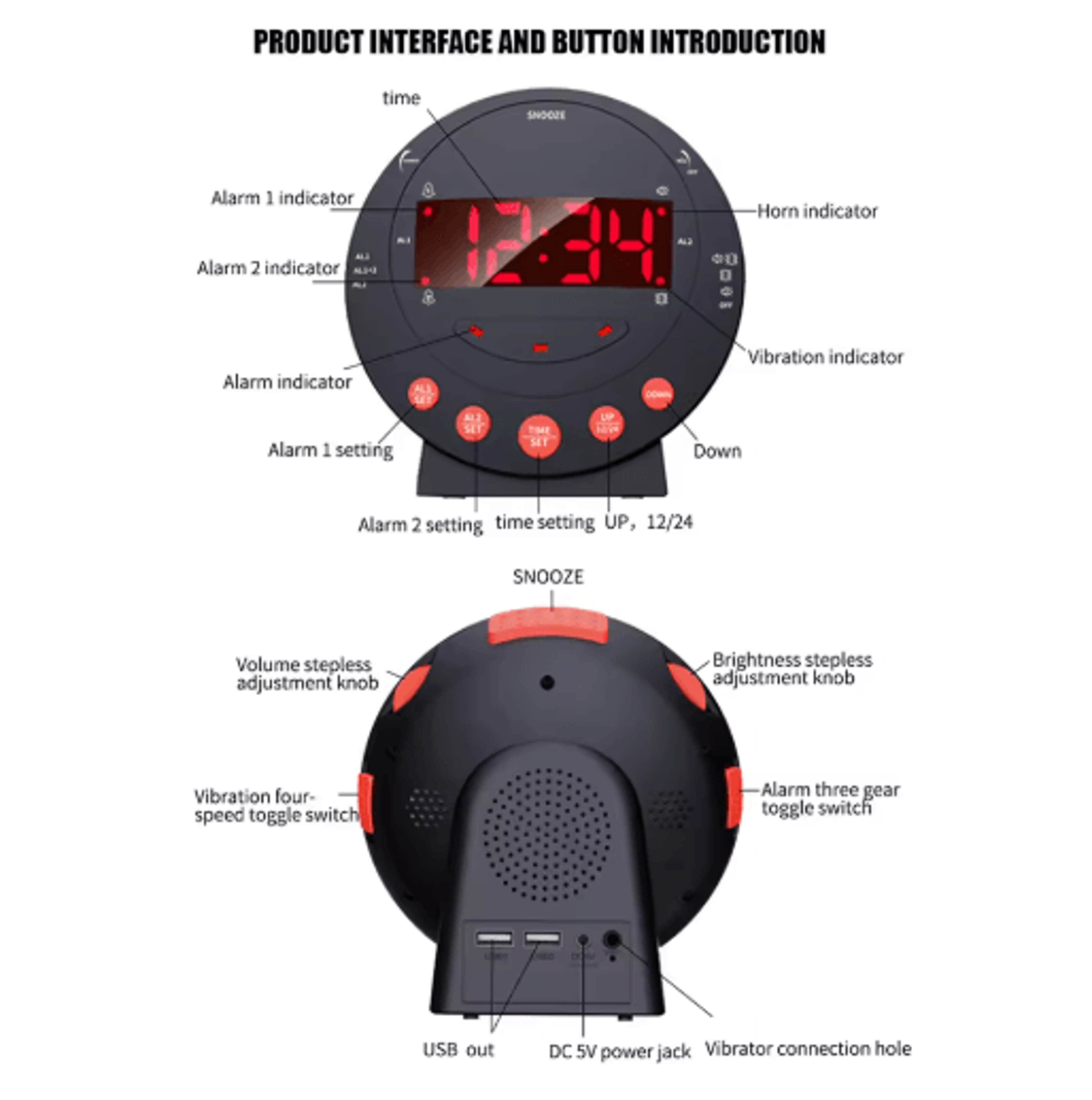 Loud Vibrating Alarm Clock With Bed Shaker  Dual Alarm Flashing Light  USB Power 3
