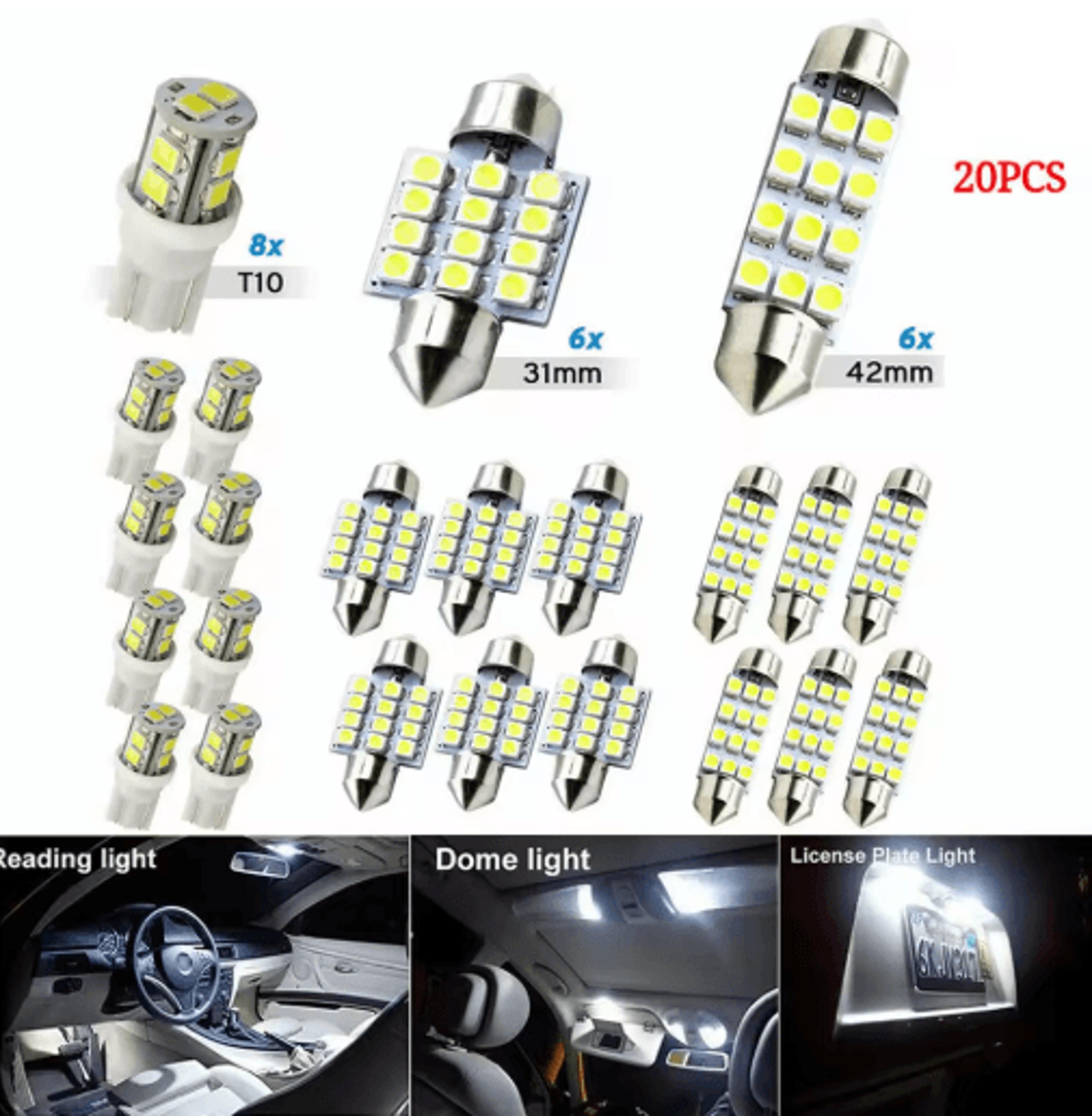 Car LED Interior Light Bulb Kit  Replacement Lights For Dome Map Trunk  License Plate 5