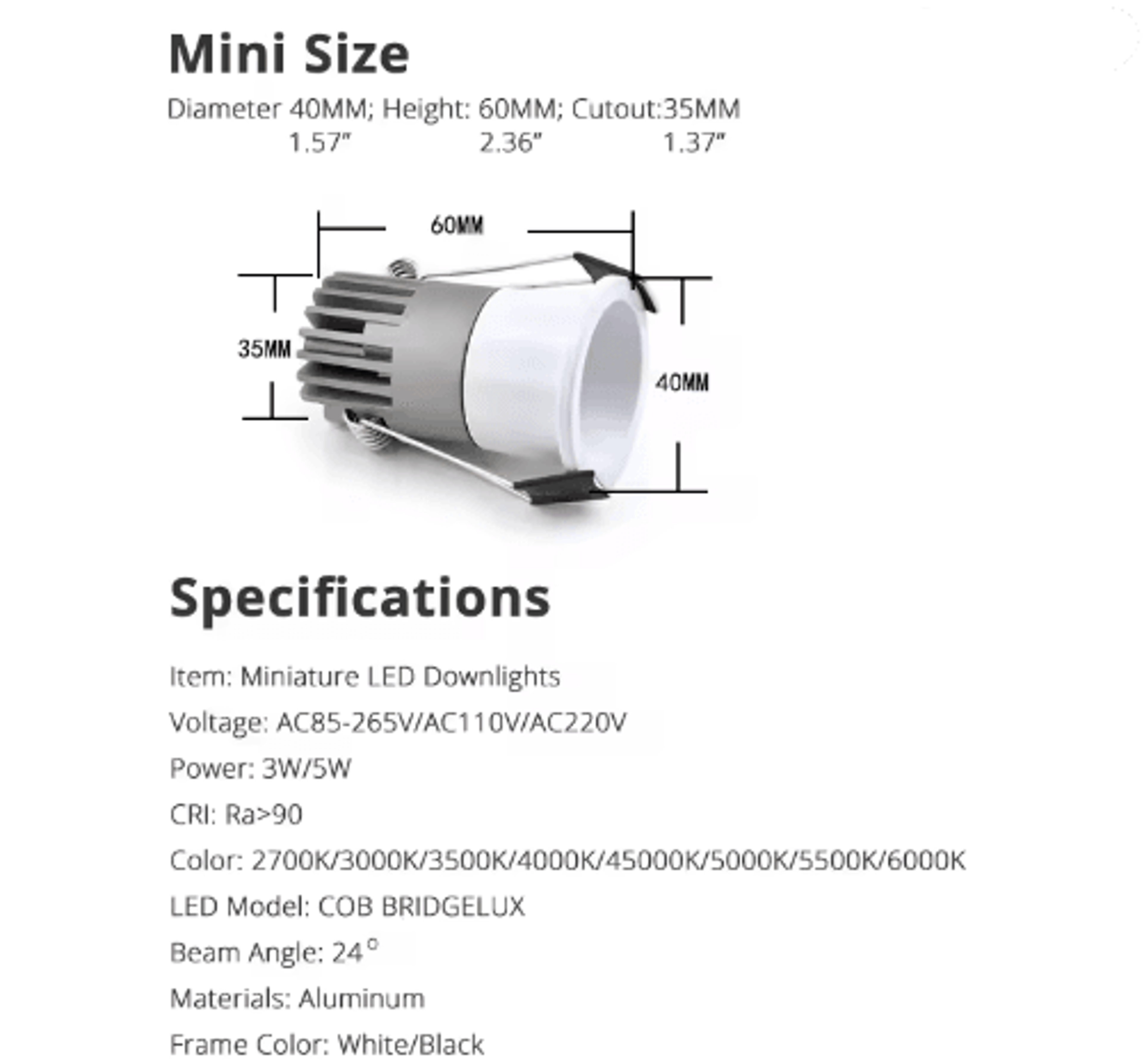 Mini AntiGlare COB LED Downlight  3W 5W Dimmable Recessed Spotlight 7