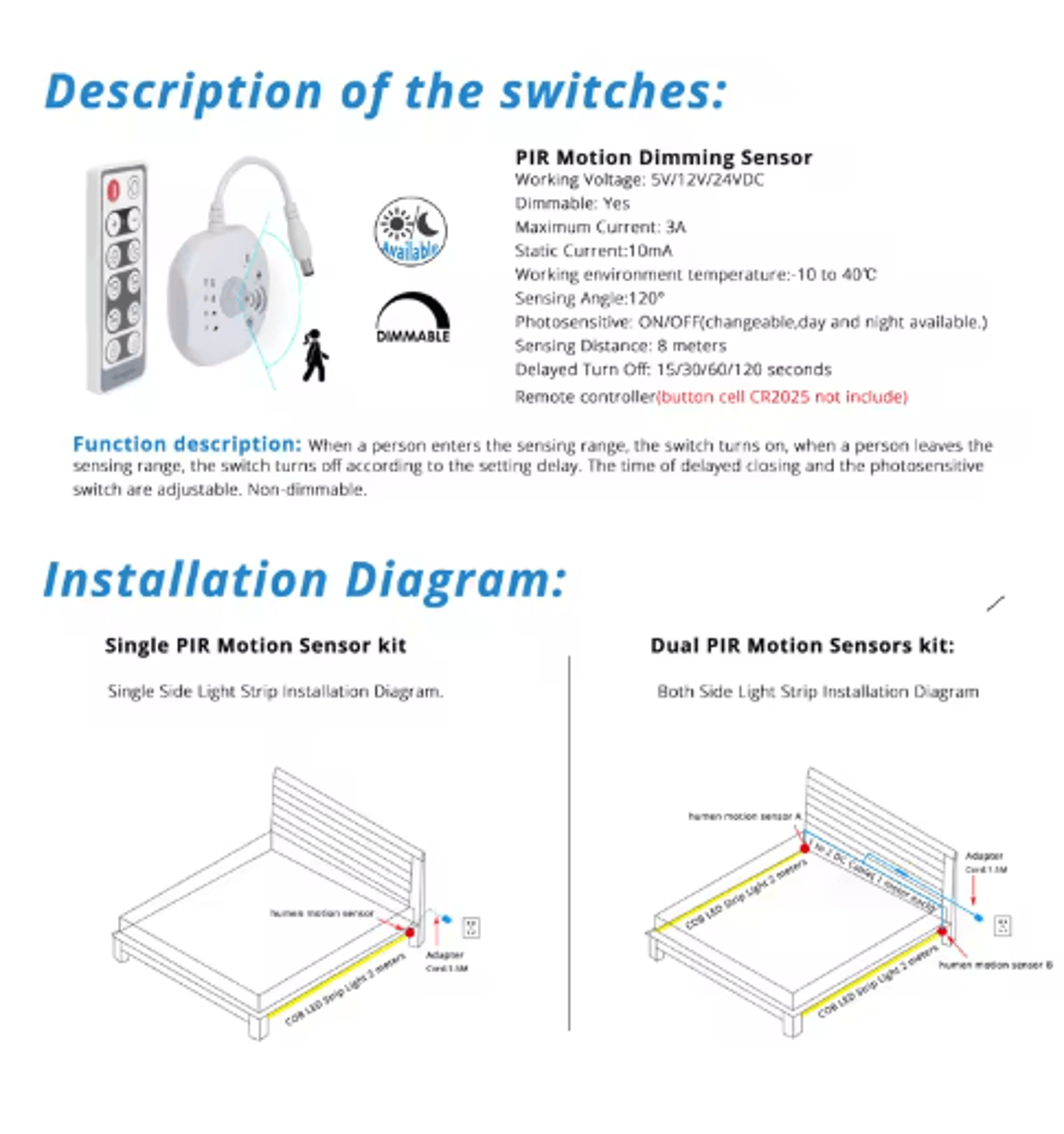 PIR Motion Sensor LED Strip Light Kit  Dimmable UnderBed And Stair Lighting 9