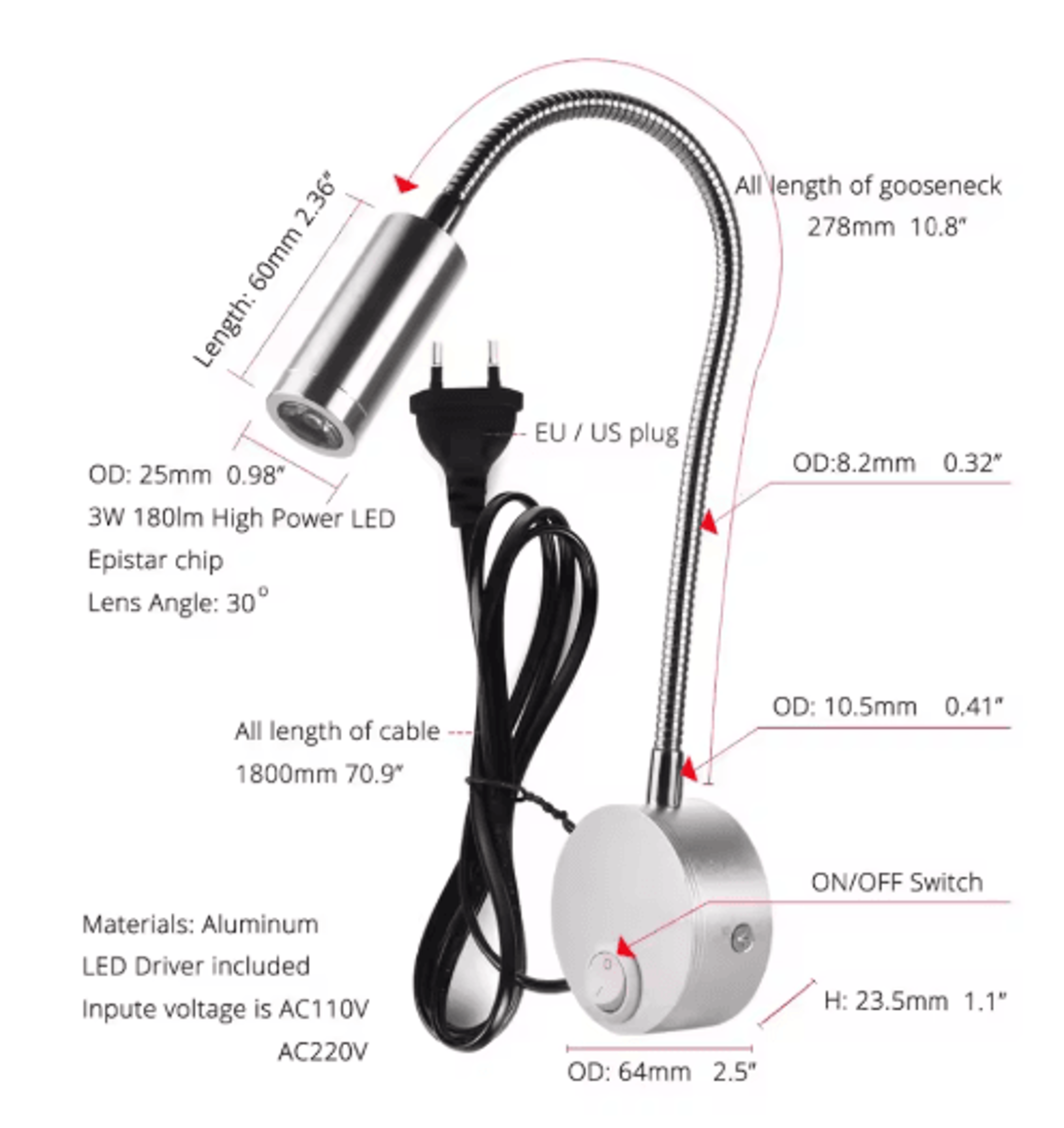 3W LED Wall Reading Lamp  360 Adjustable Bedside Light With Knob Switch 8