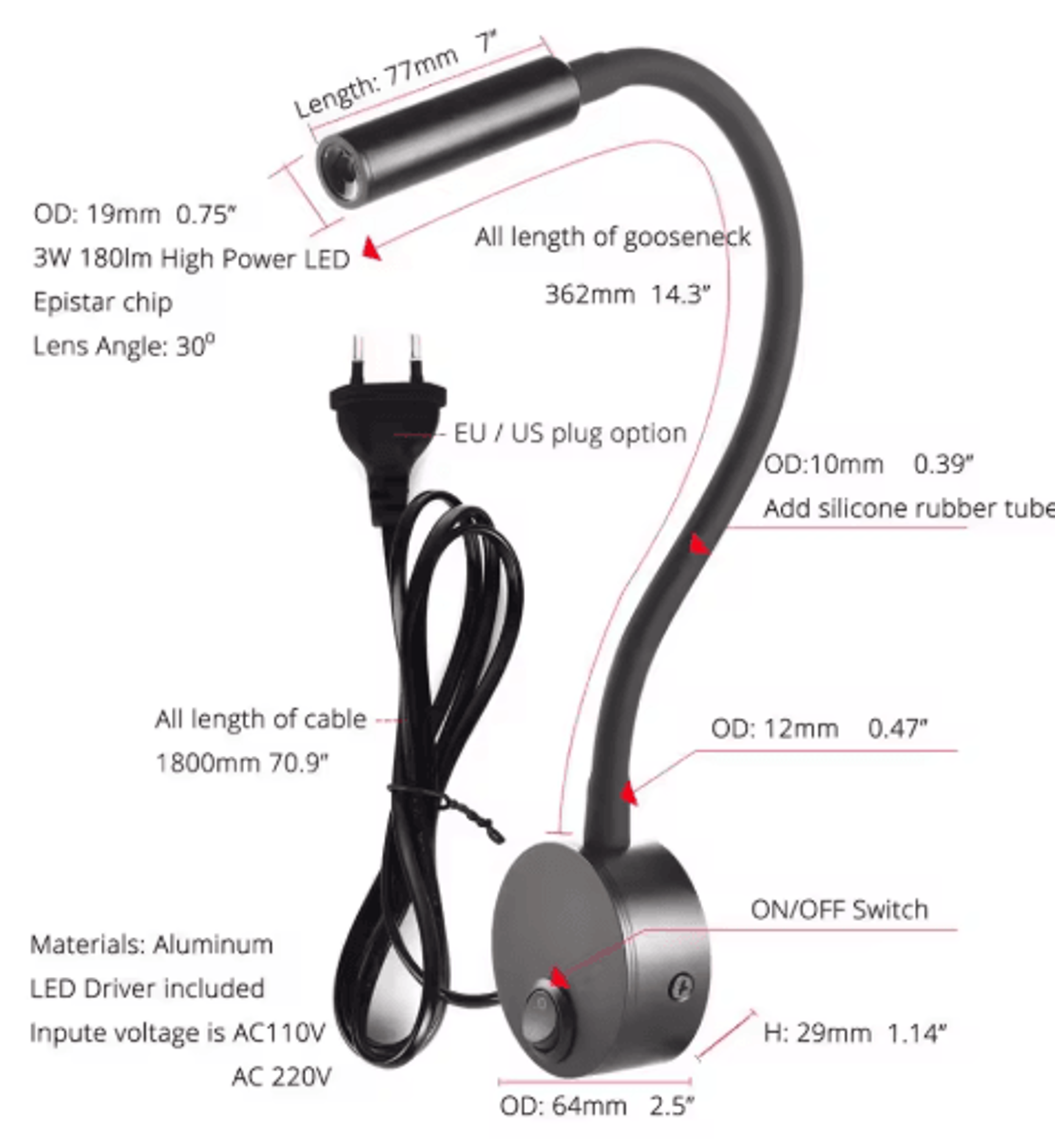 3W LED Wall Reading Lamp  Modern Bedside Spotlight With EU Or US Plug 10