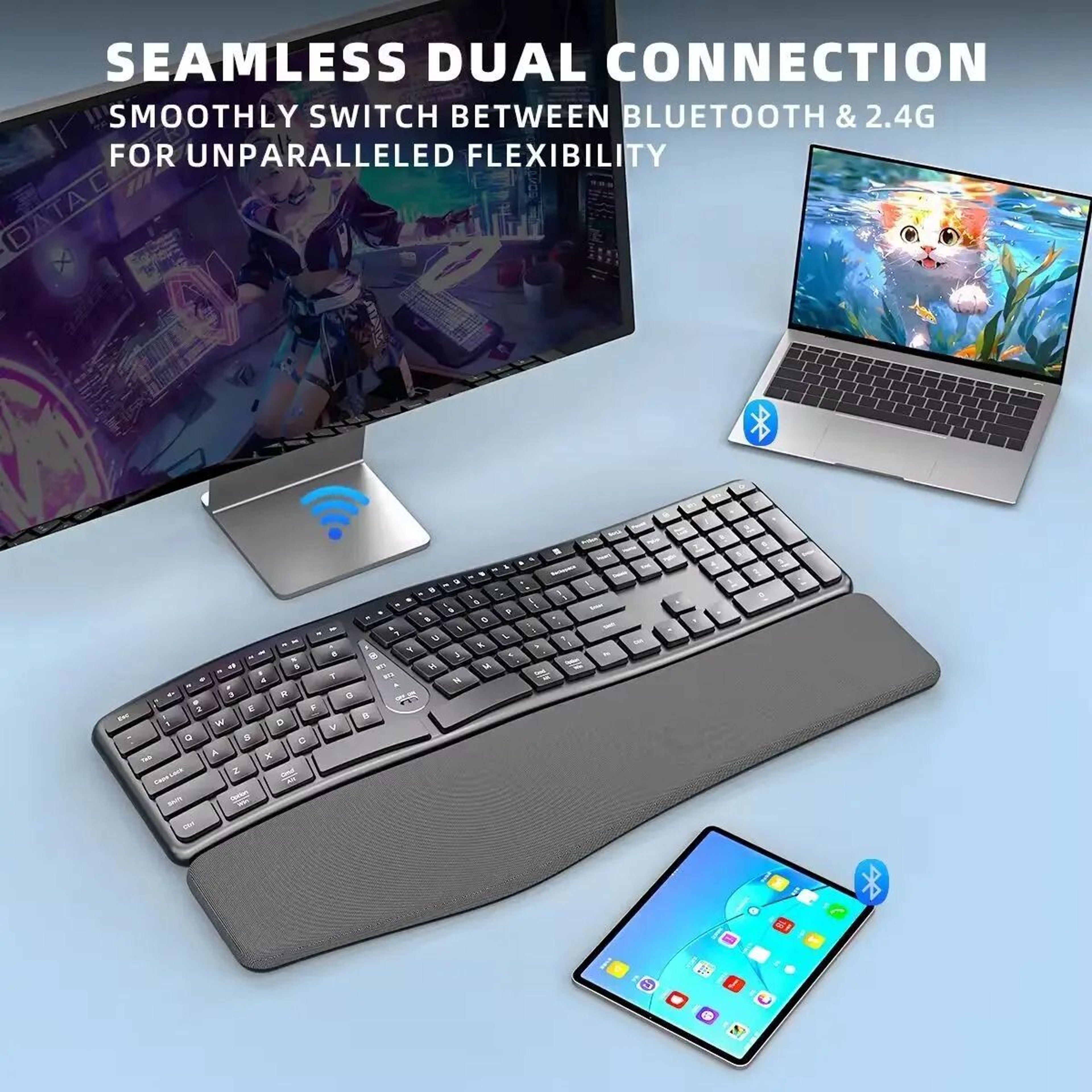 Ergonomic Wireless Keyboard With Palm Rest Multi Device Bluetooth Rechargeable 7