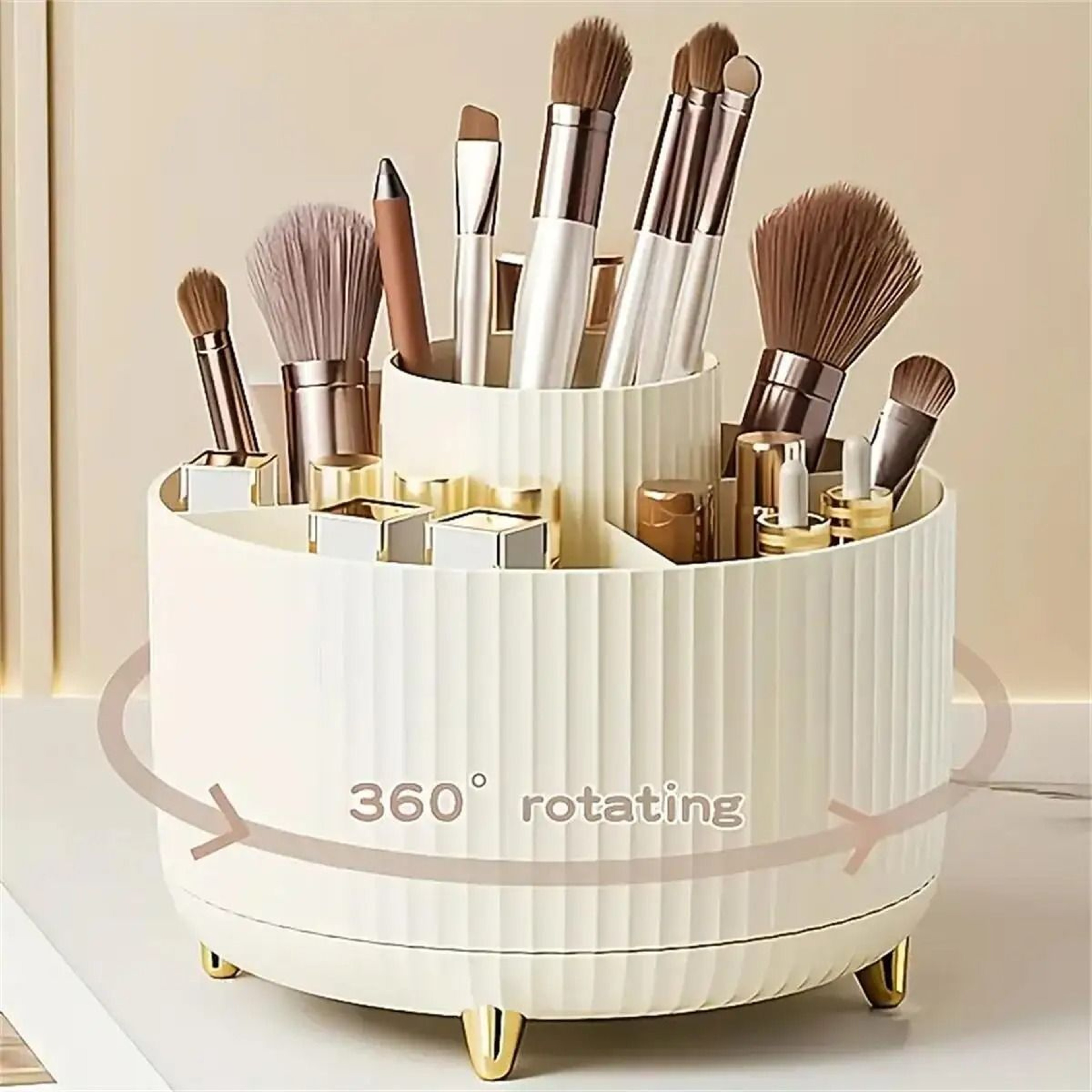 Rotating Makeup Organizer With Brush Holder And Storage Compartments 0