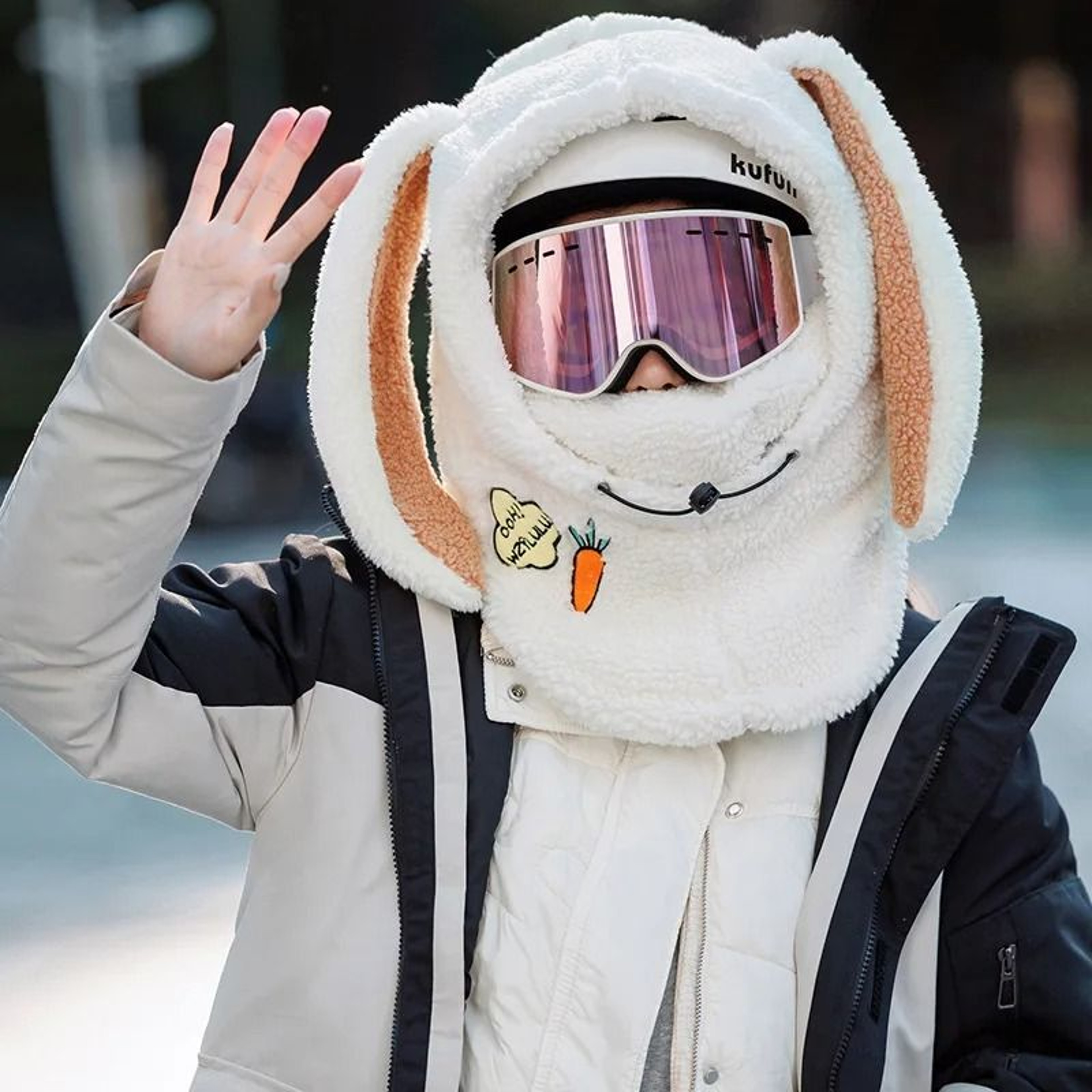 Winter Bunny Ear Ski Helmet Cover Warm Wool Hat Scarf 0