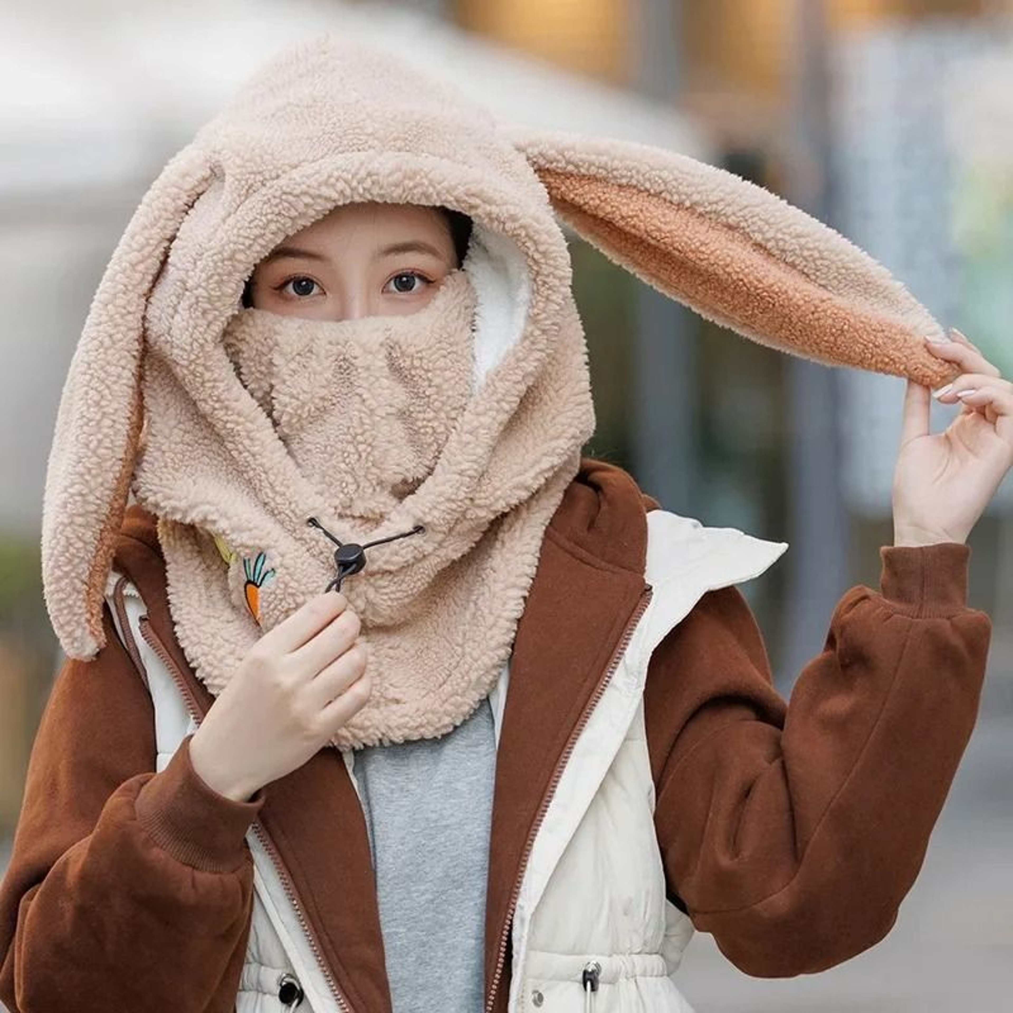Winter Bunny Ear Ski Helmet Cover Warm Wool Hat Scarf 4