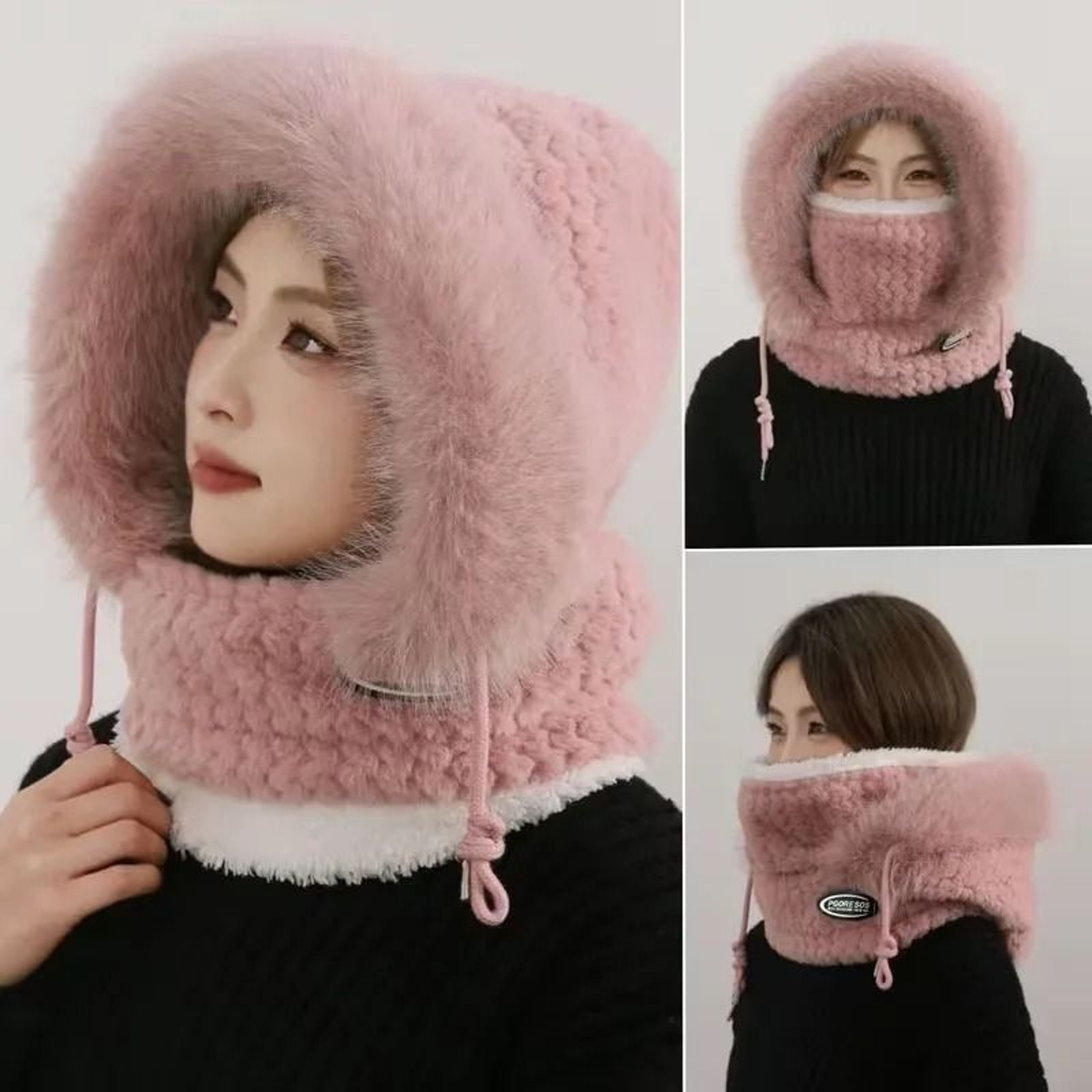Womens Thermal Plush Hood Scarf Mask Windproof Winter Set 4