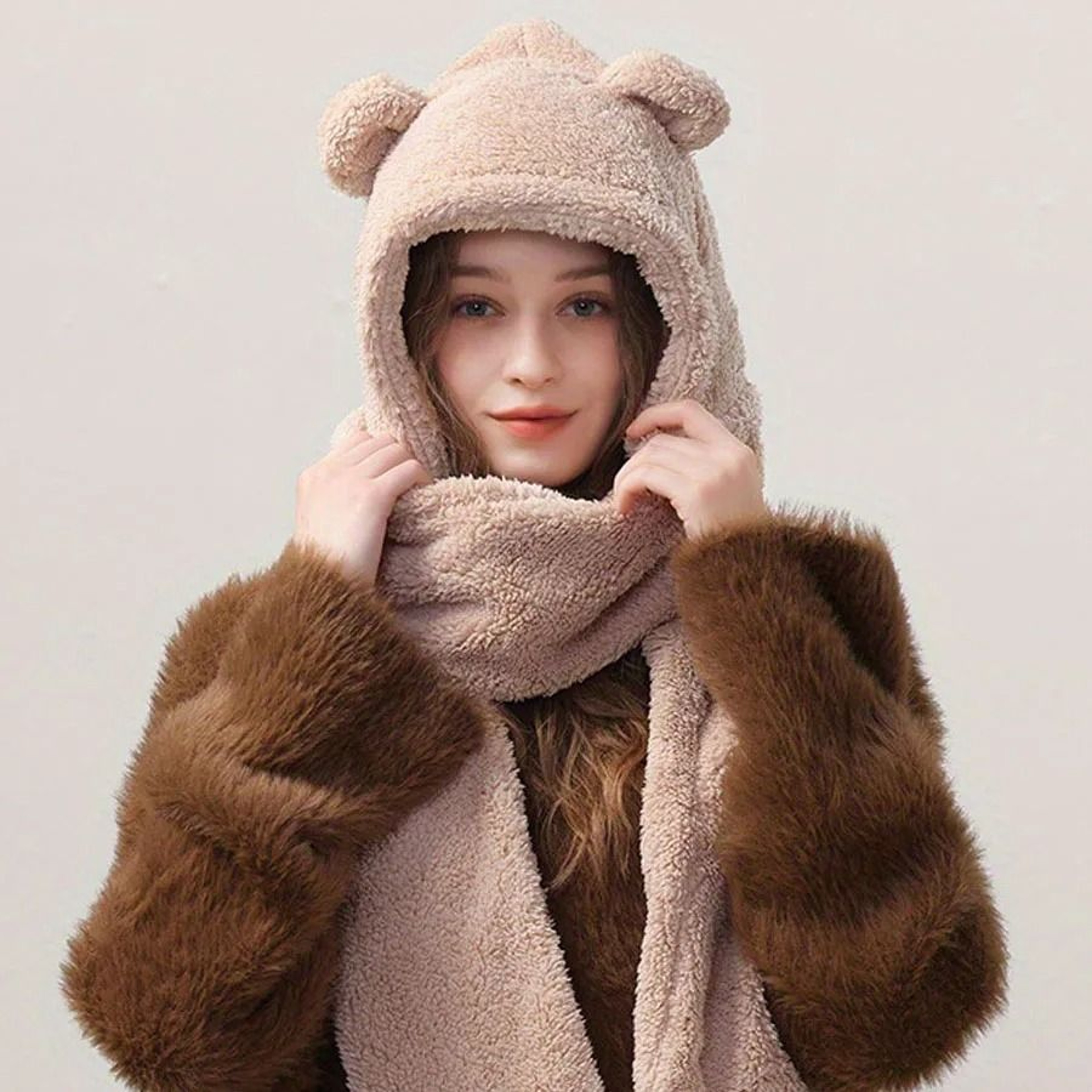 Cute Bear Ear Plush Winter Hat Scarf And Gloves Set 10