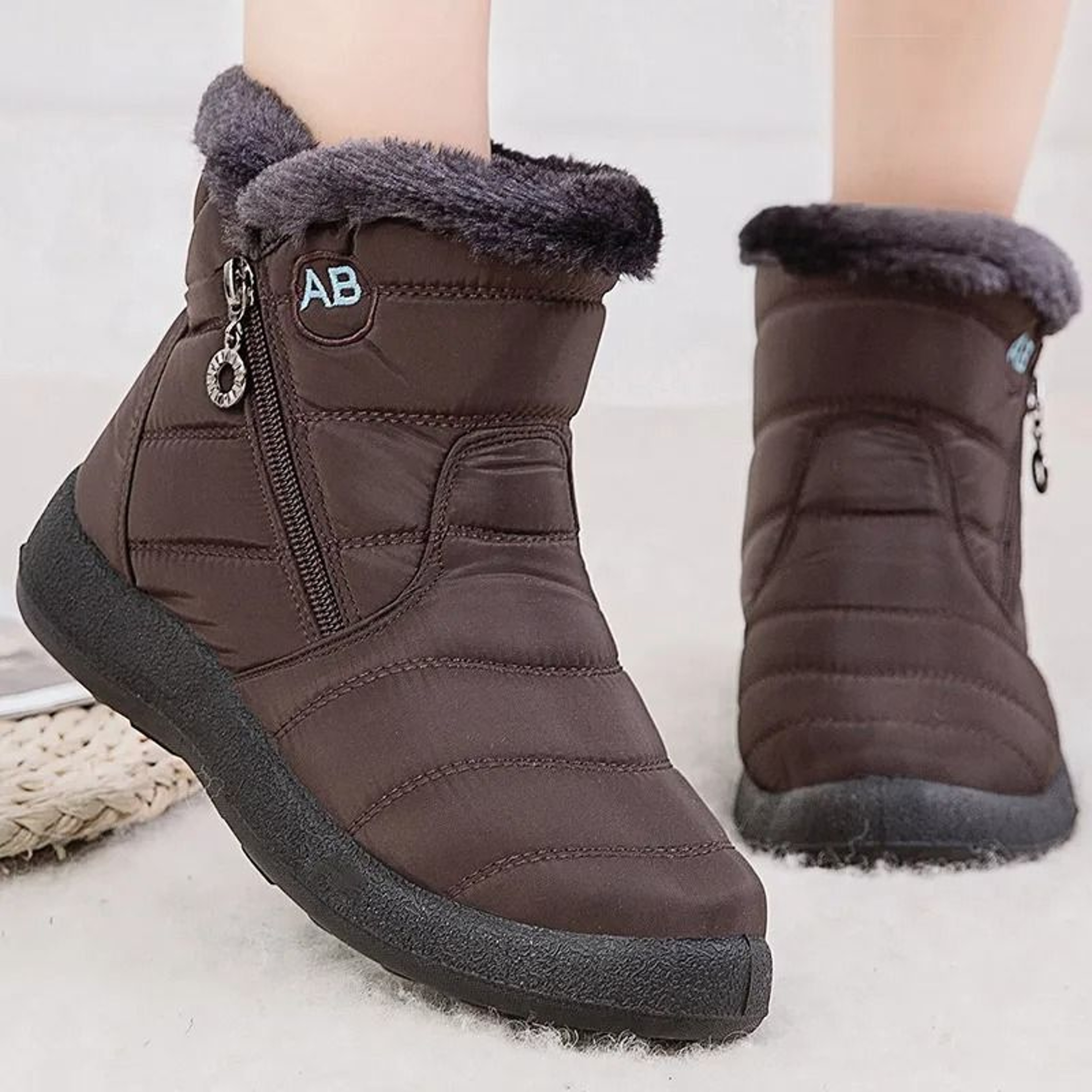Womens Fur Lined Waterproof Ankle Boots Low Heel Winter Shoes 4