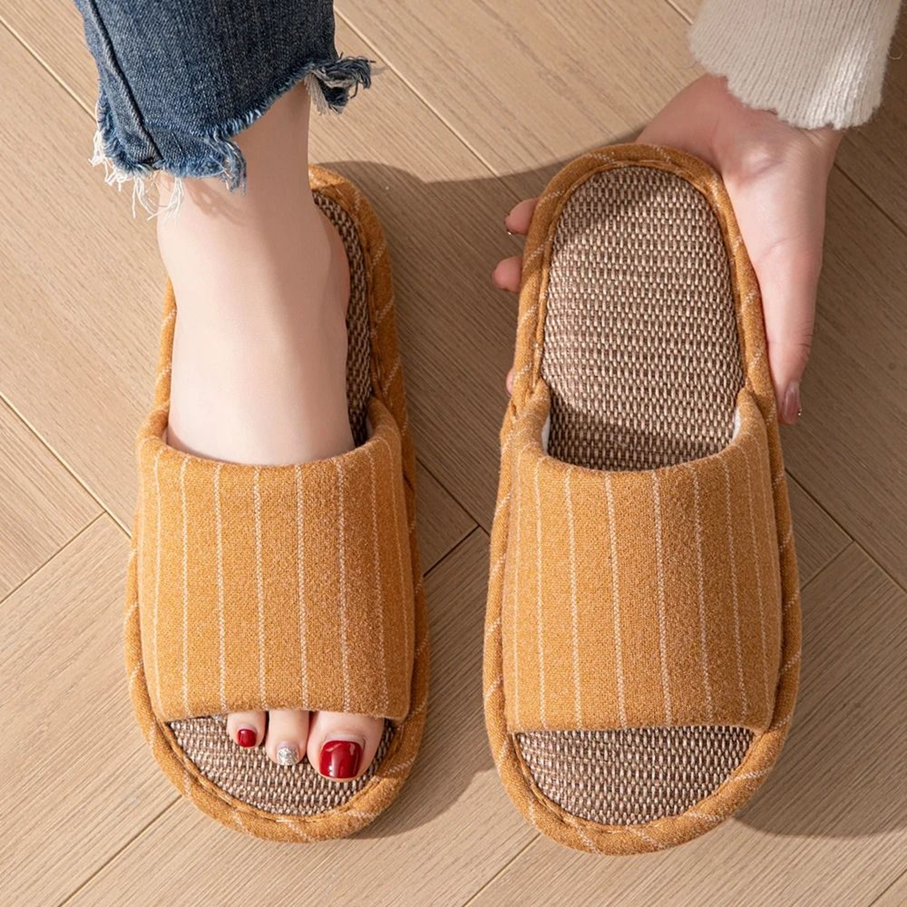 Spring Autumn Stripe Flax Indoor Slippers For Women Soft Sole Non Slip Home Shoes 3