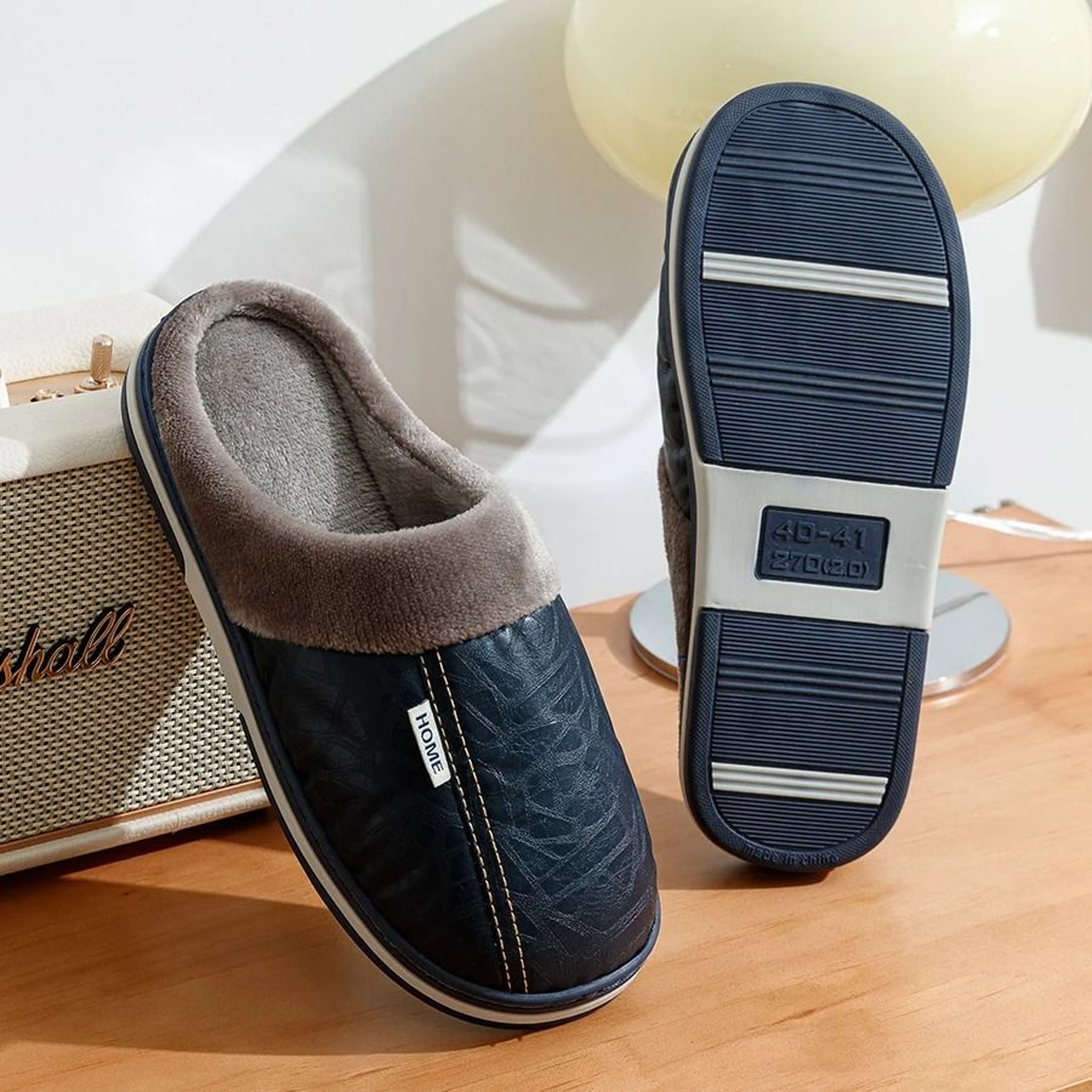 Big Size Mens Winter Indoor Slippers Waterproof PU Leather Warm House Shoes 6