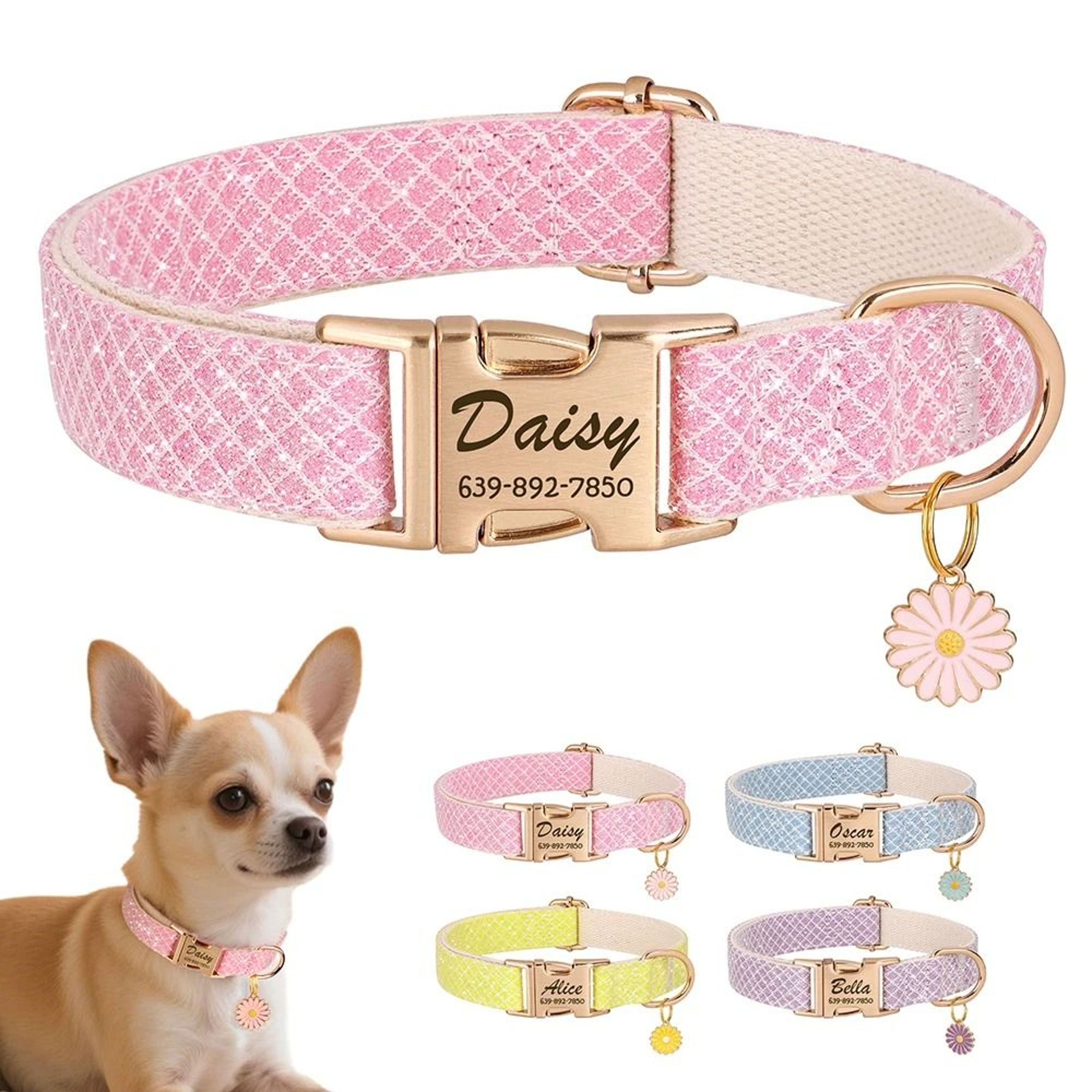 Bling Nylon Custom Dog Collar Engraved Flower ID Buckle 9