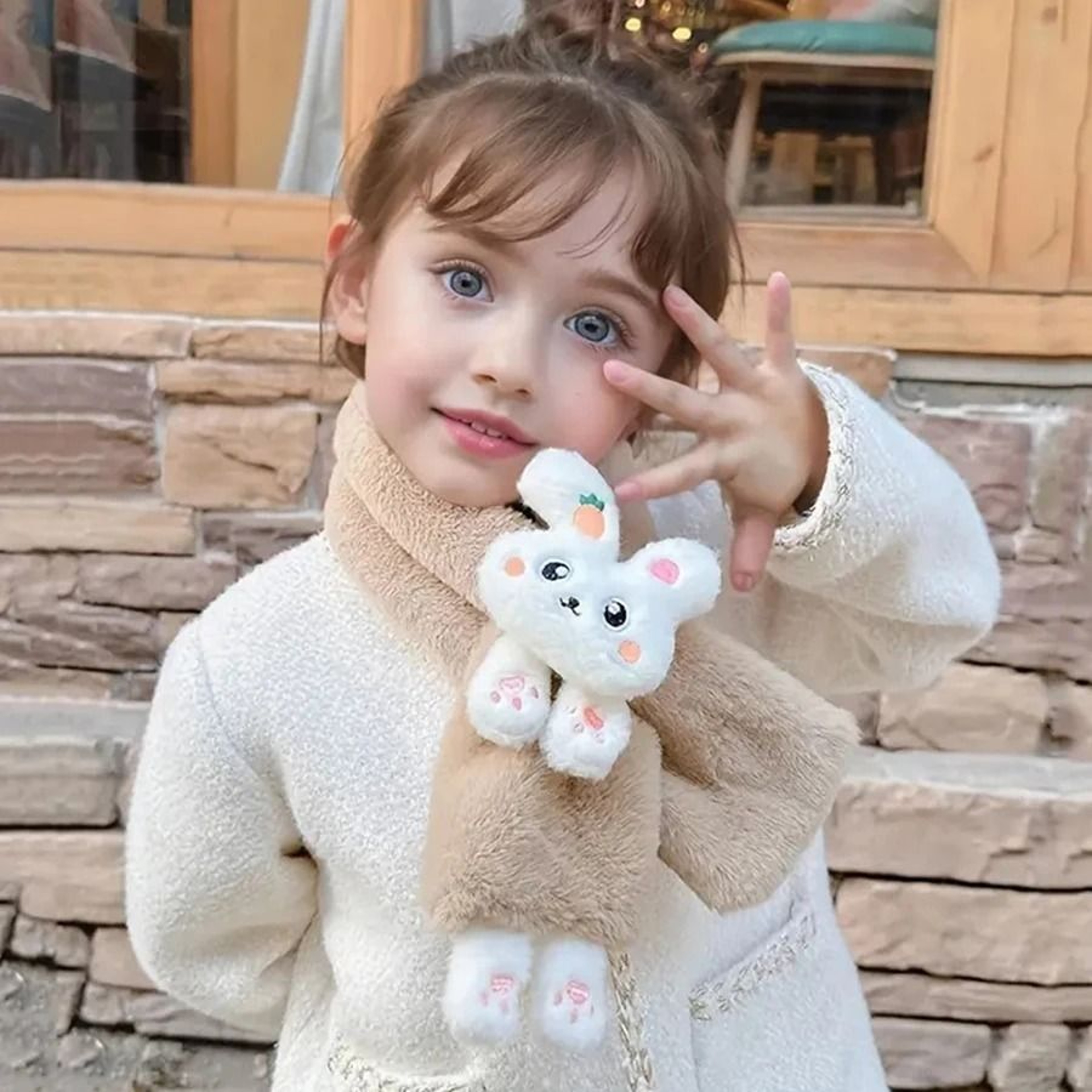 Cute Plush Rabbit Winter Scarf Warm Cross Neck Wrap For Girls And Babies 5