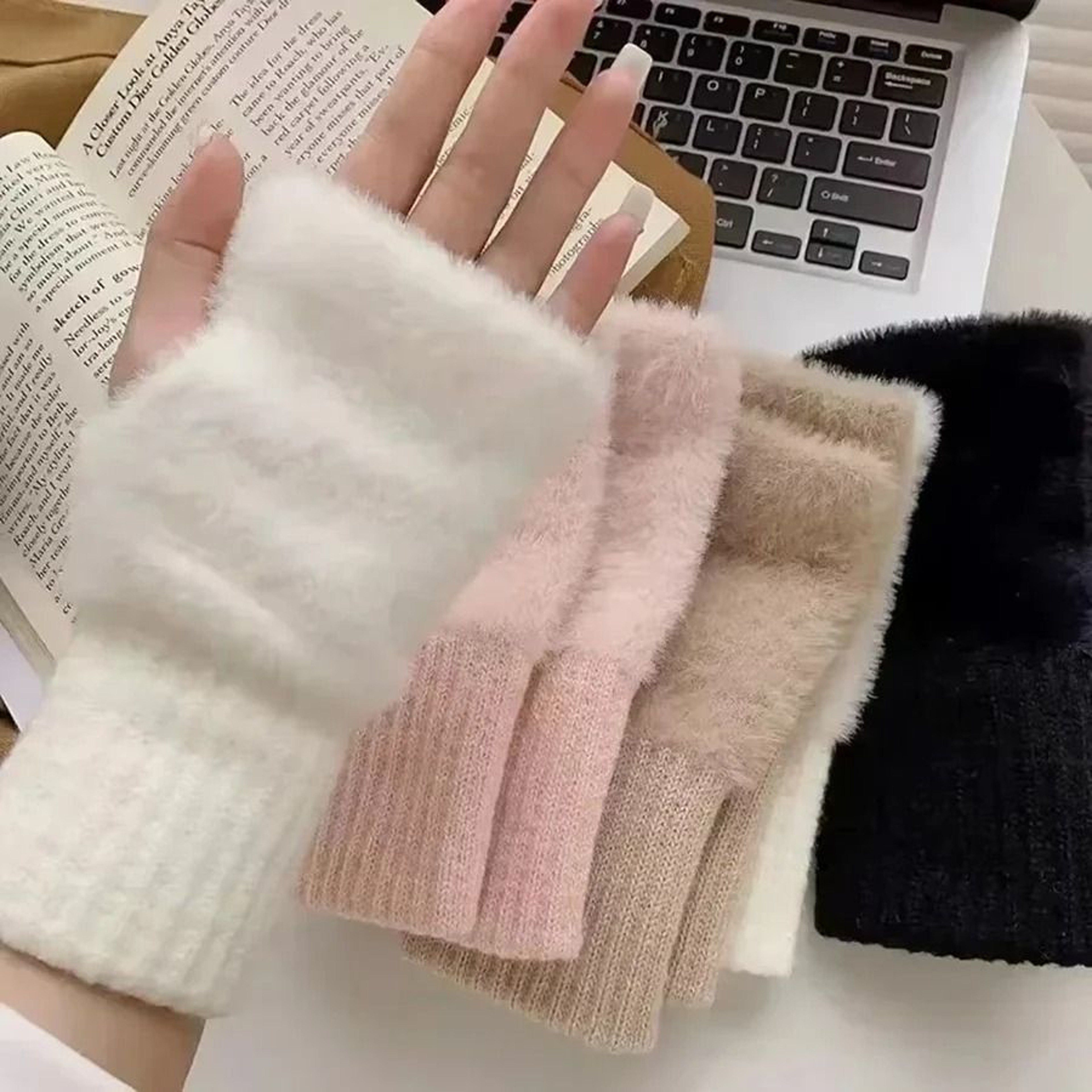 Warm Plush Half Finger Gloves For Women Soft Winter Wrist Mittens 5