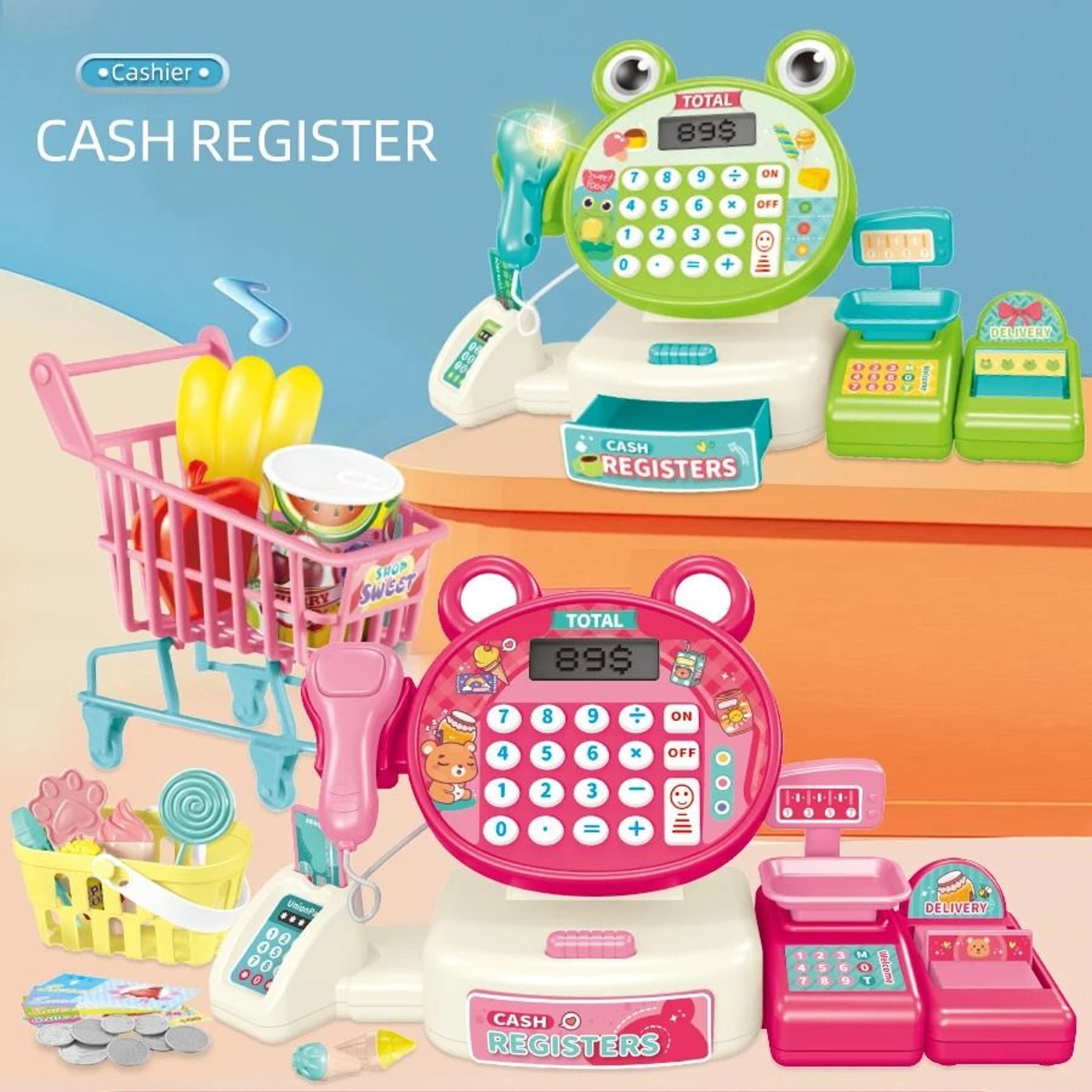 Kids Supermarket Toy Play Cash Register With Shopping Cart Role Play Set 0