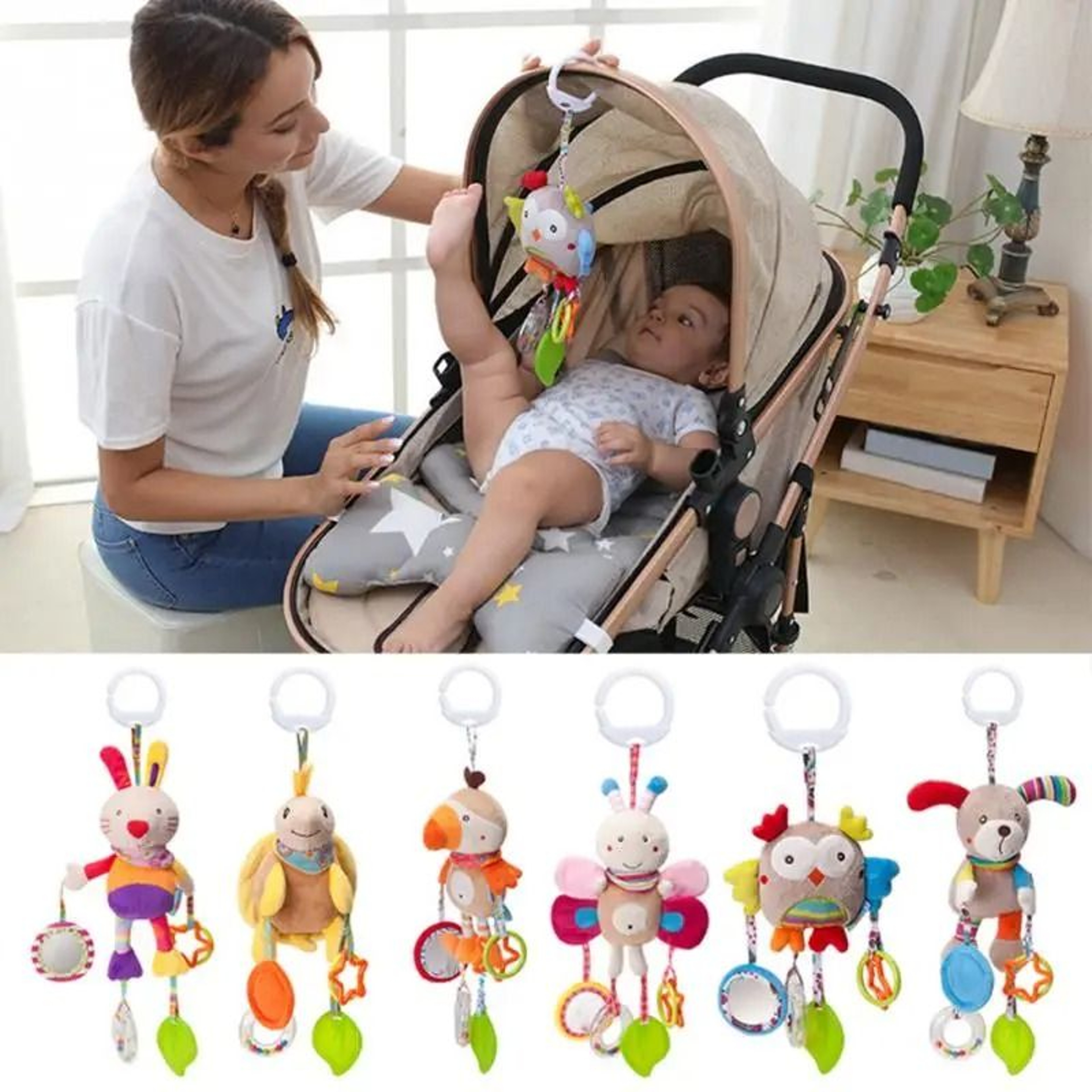 Baby Plush Stroller Toy Hanging Rattle Mobile With Cartoon Animals 19