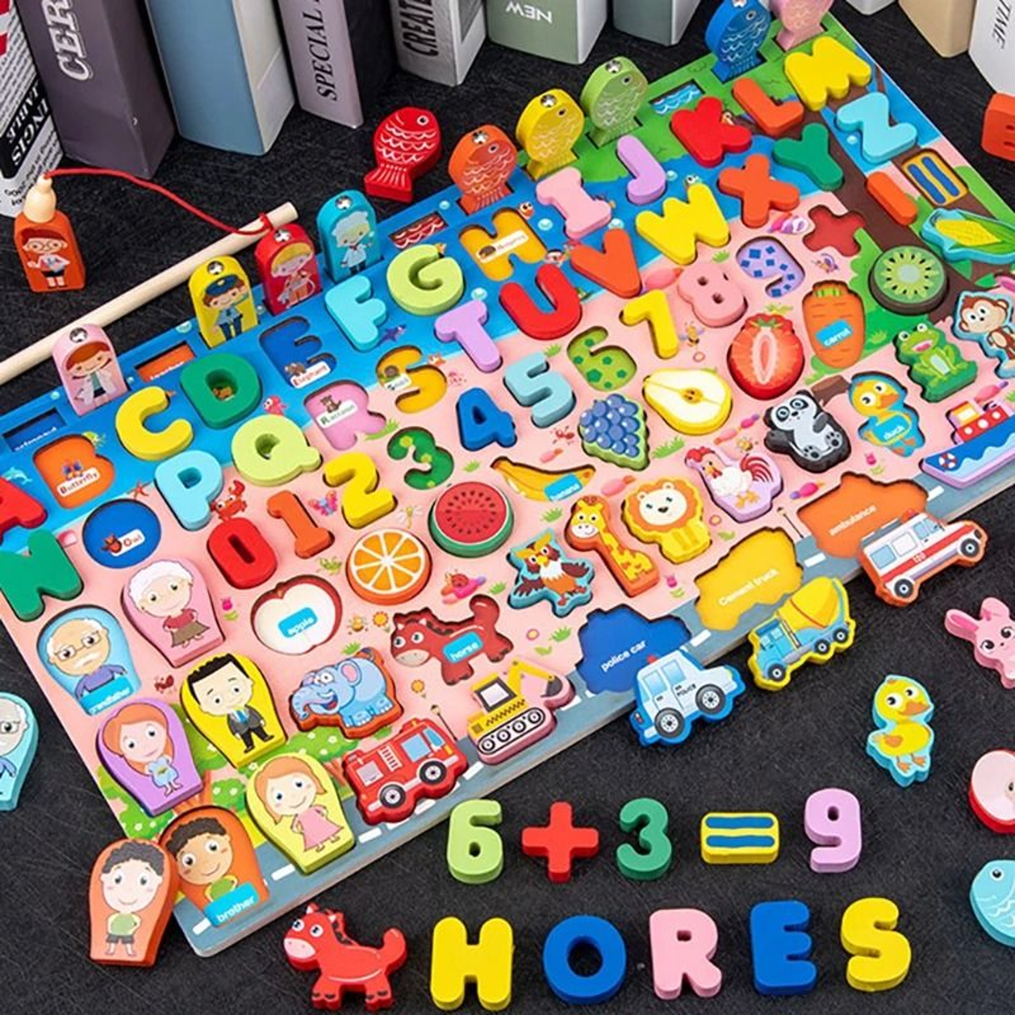 Montessori Wooden Fire Truck Busy Board Math Fishing Learning Toy 6