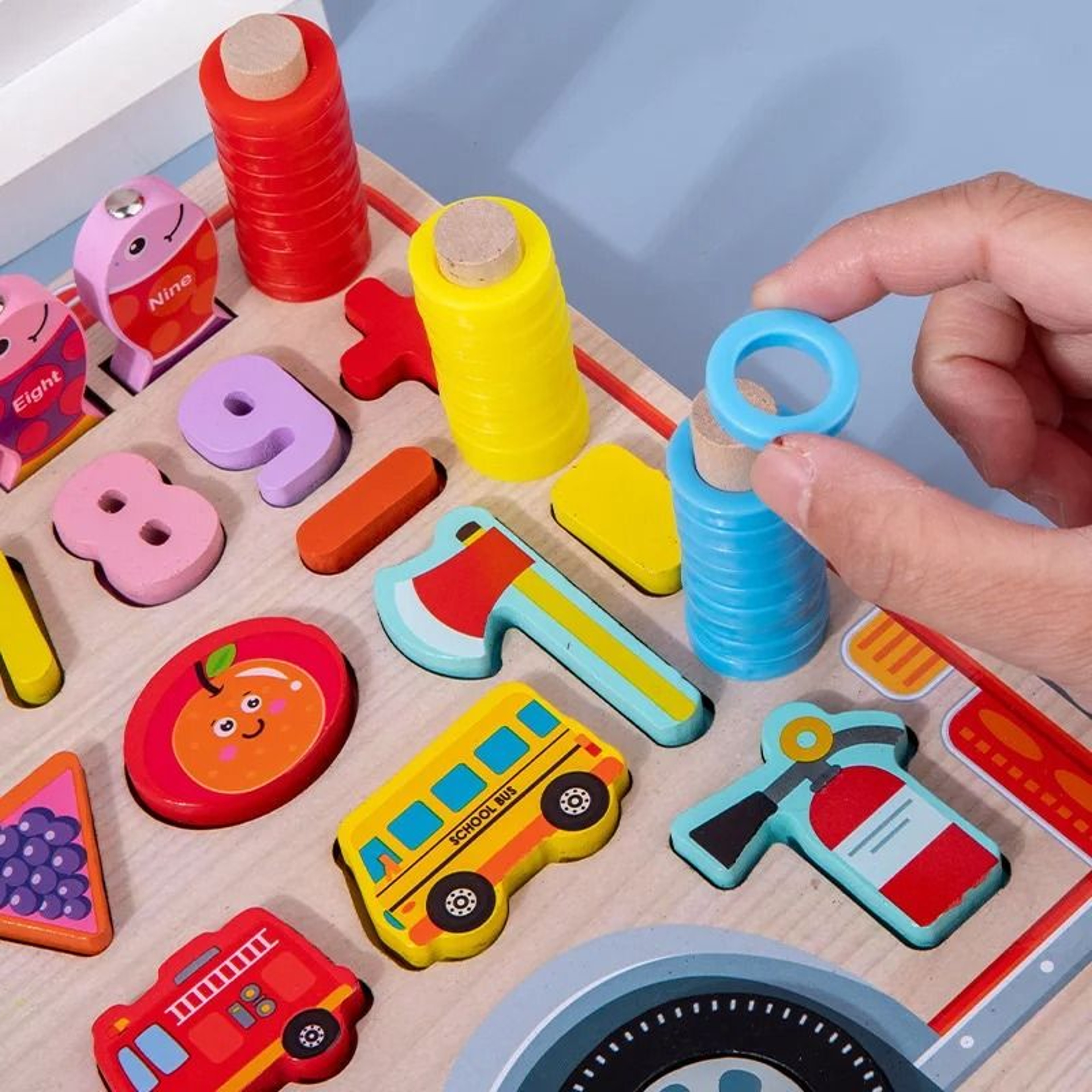 Montessori Wooden Fire Truck Busy Board Math Fishing Learning Toy 12