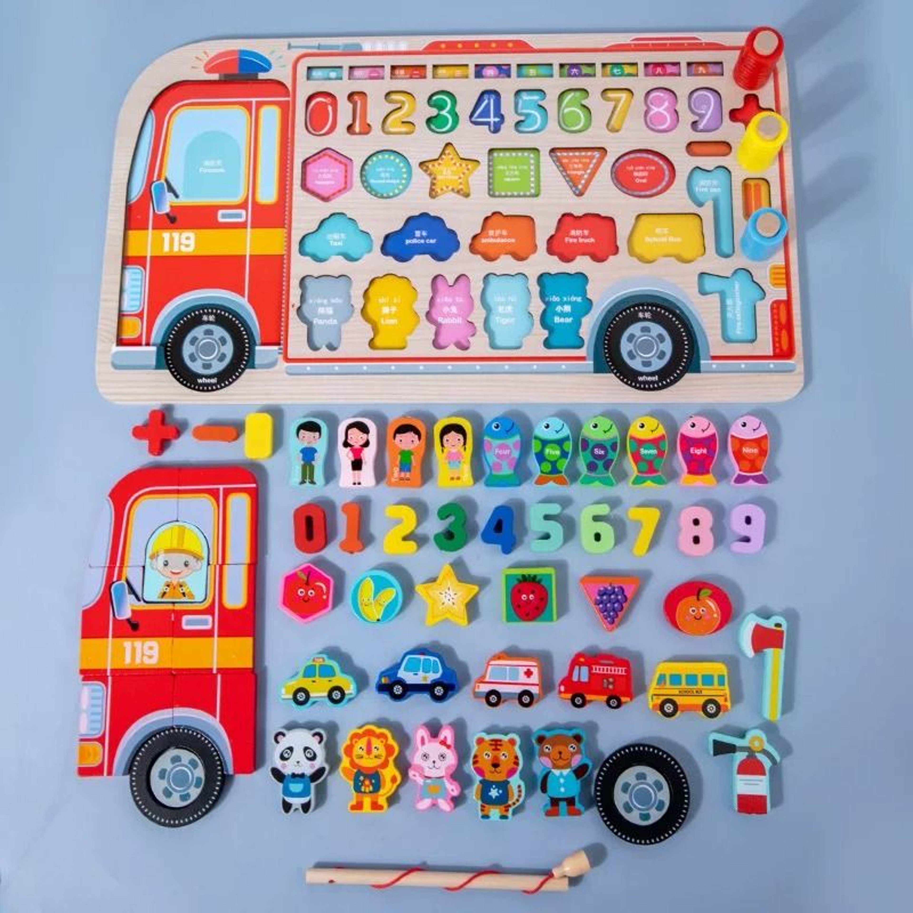 Montessori Wooden Fire Truck Busy Board Math Fishing Learning Toy 14