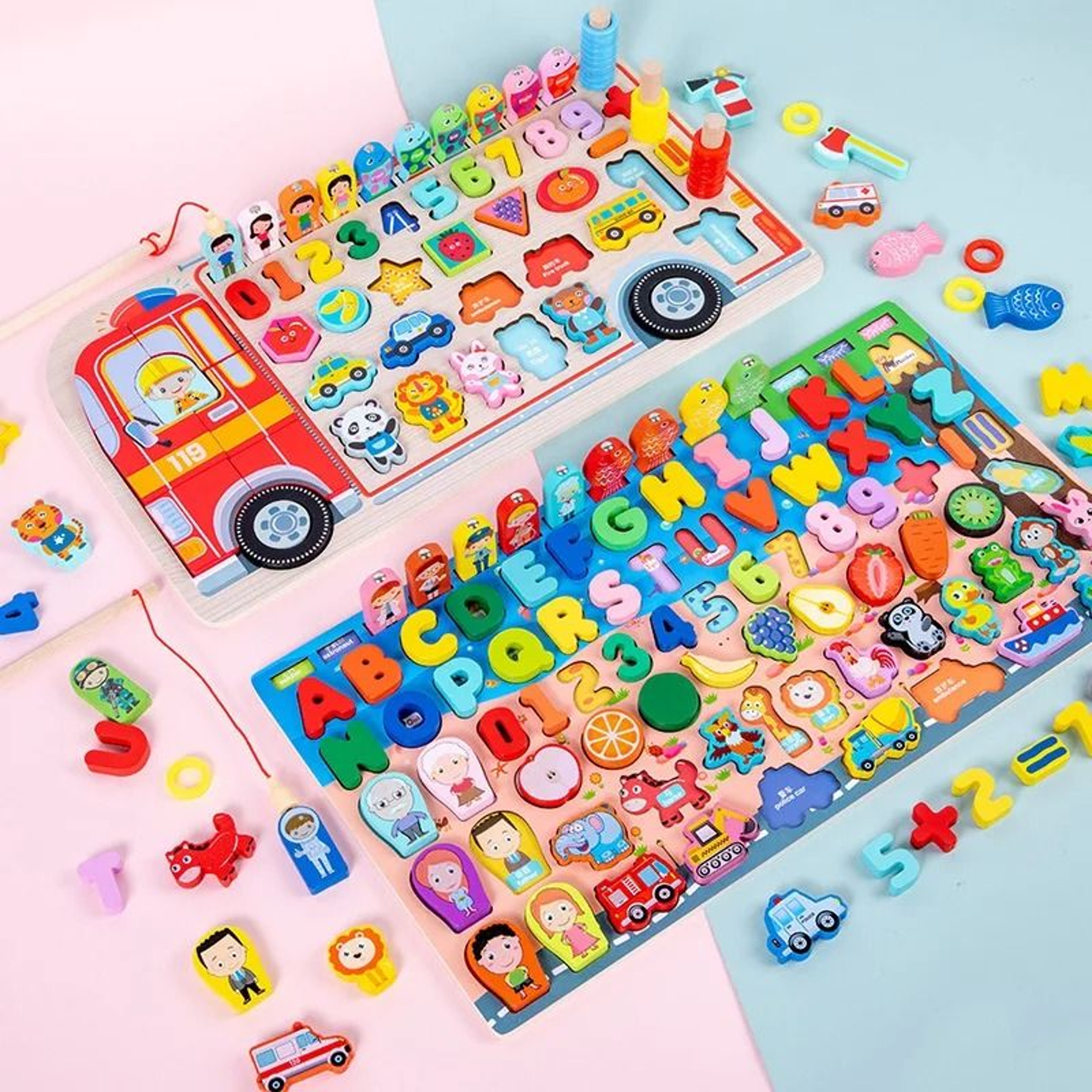 Montessori Wooden Fire Truck Busy Board Math Fishing Learning Toy 17