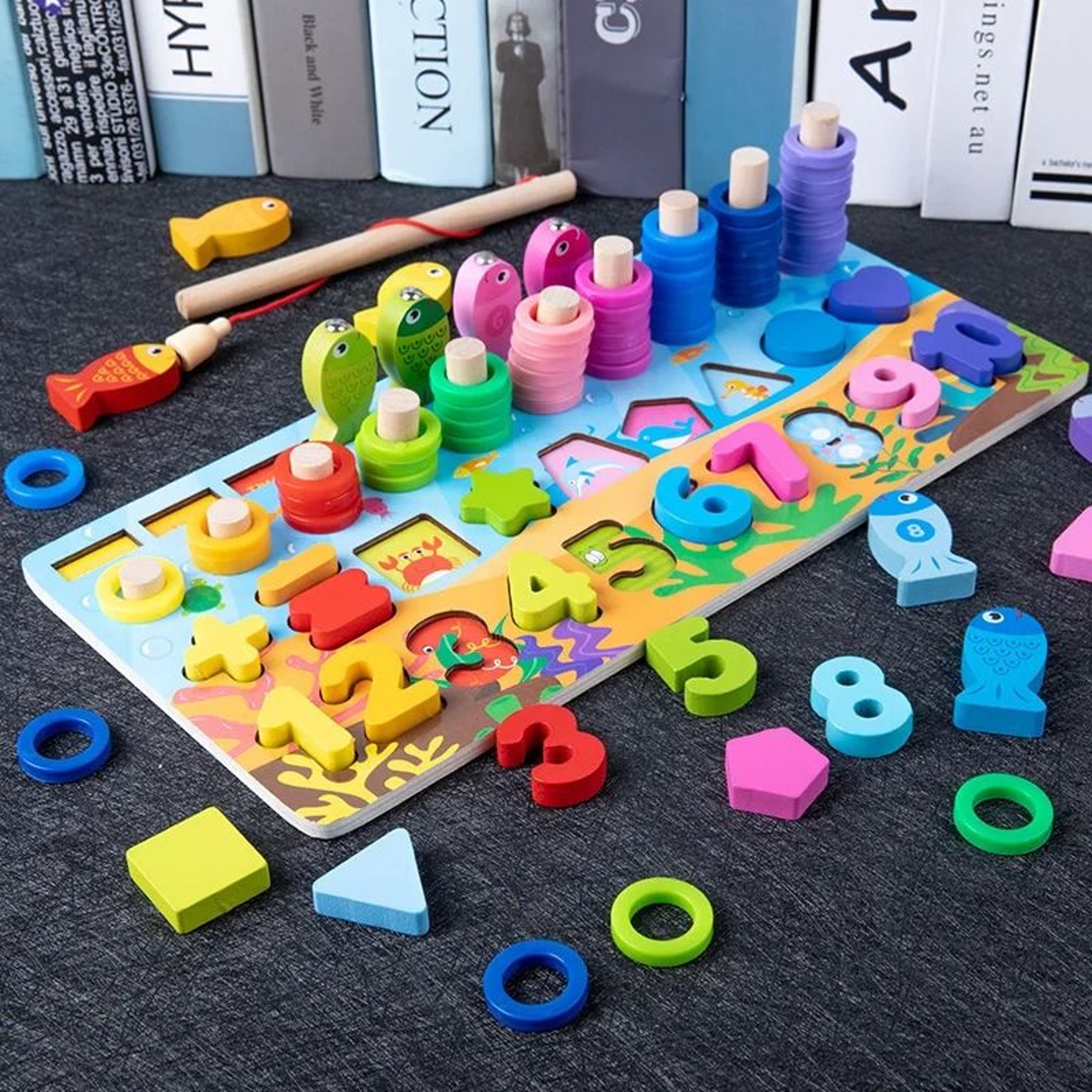 Montessori Wooden Fire Truck Busy Board Math Fishing Learning Toy 9