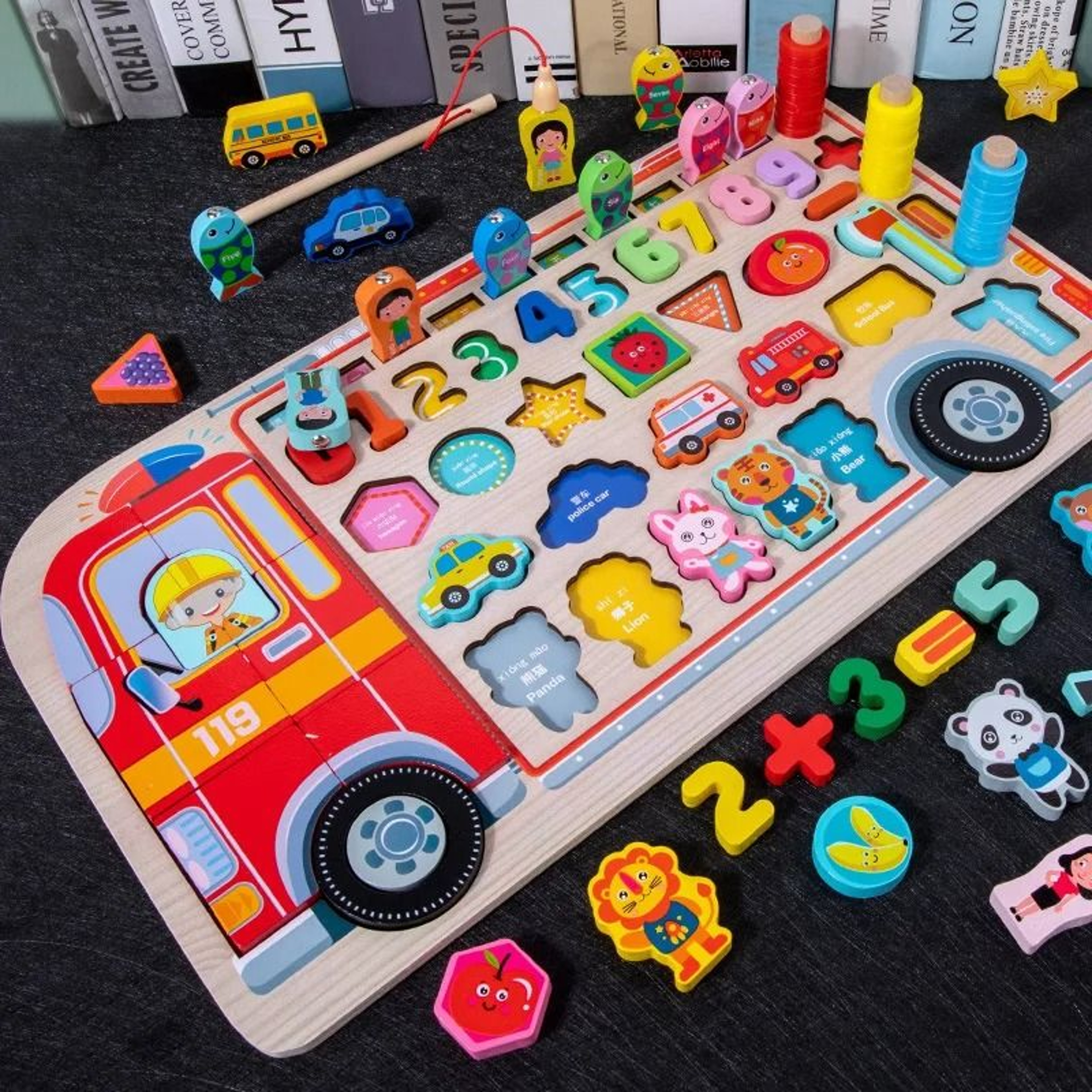 Montessori Wooden Fire Truck Busy Board Math Fishing Learning Toy 10