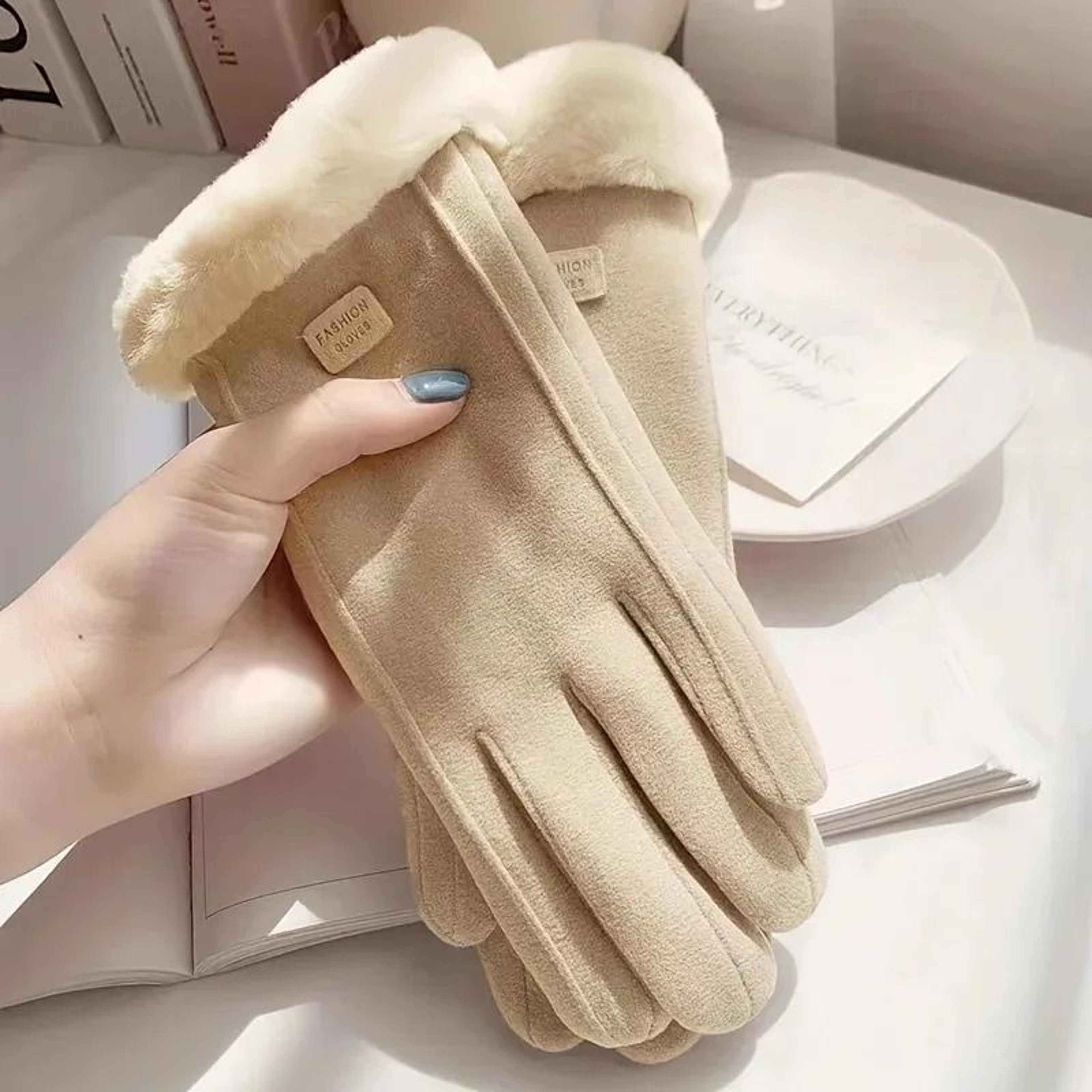 Beige Touchscreen Winter Gloves With Plush Lining For Cold Weather 2