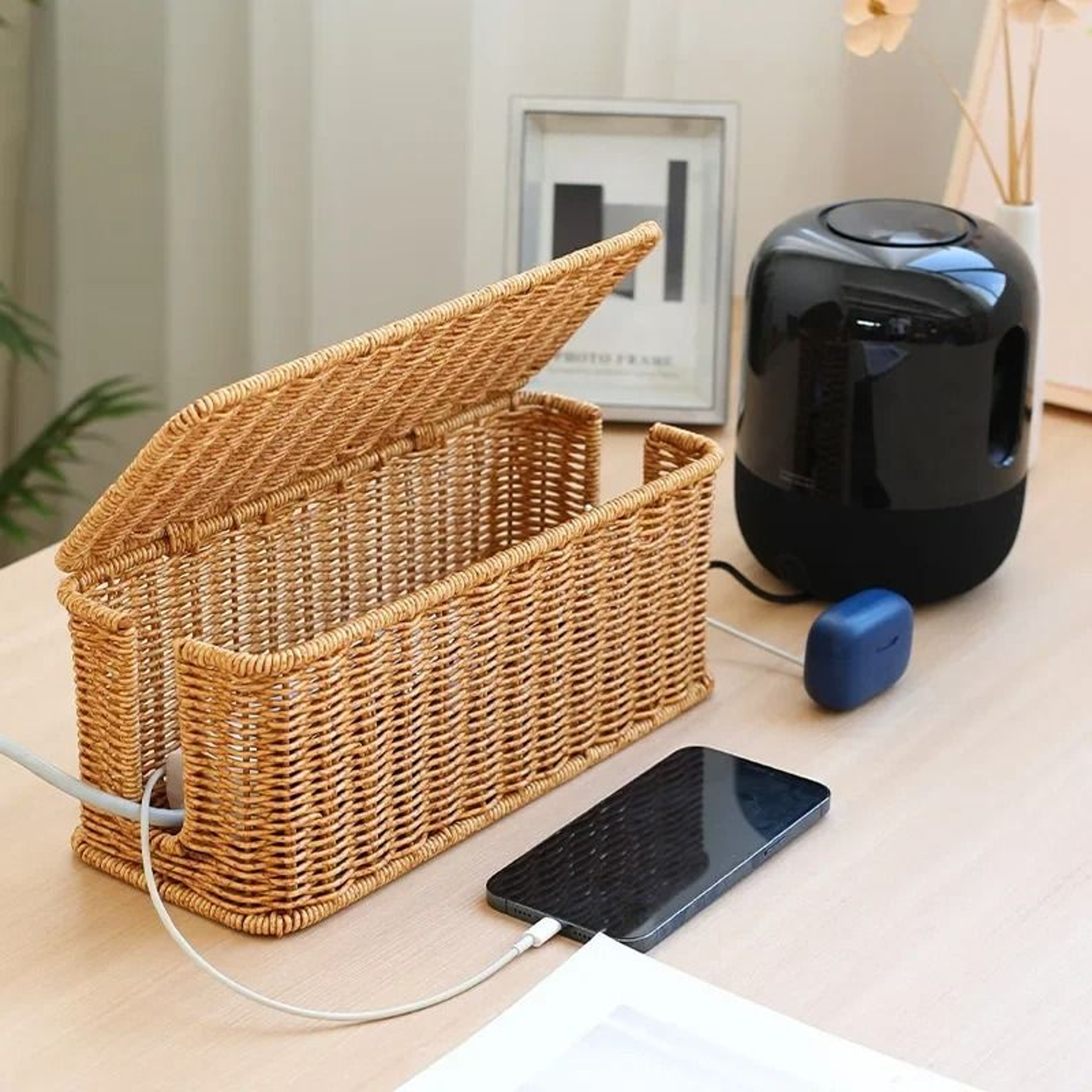 Handmade Rattan Cable Management Box Under Desk Cord Organizer 6