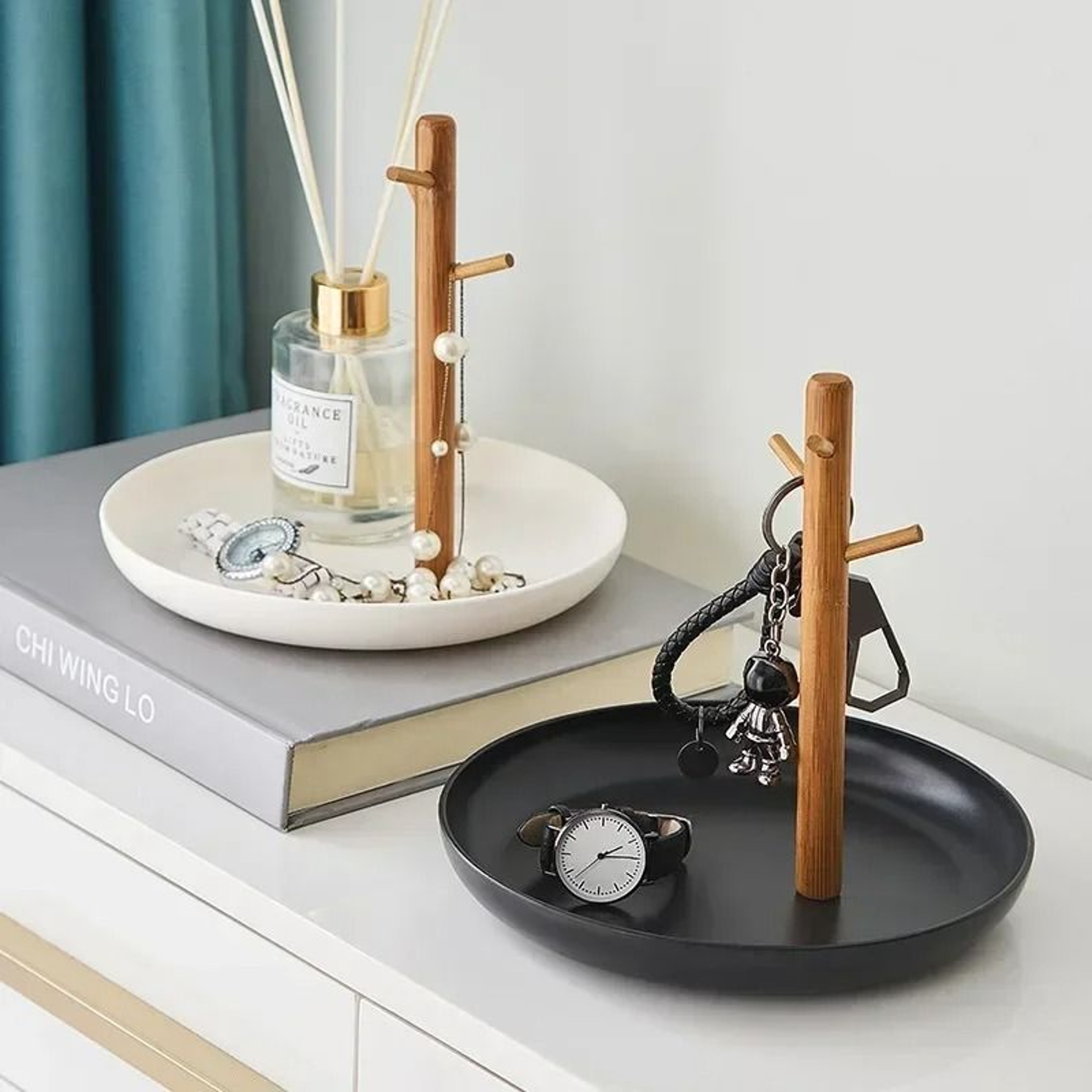 Nordic Bamboo Jewelry Tree Organizer With Storage Tray And Key Hanger 7