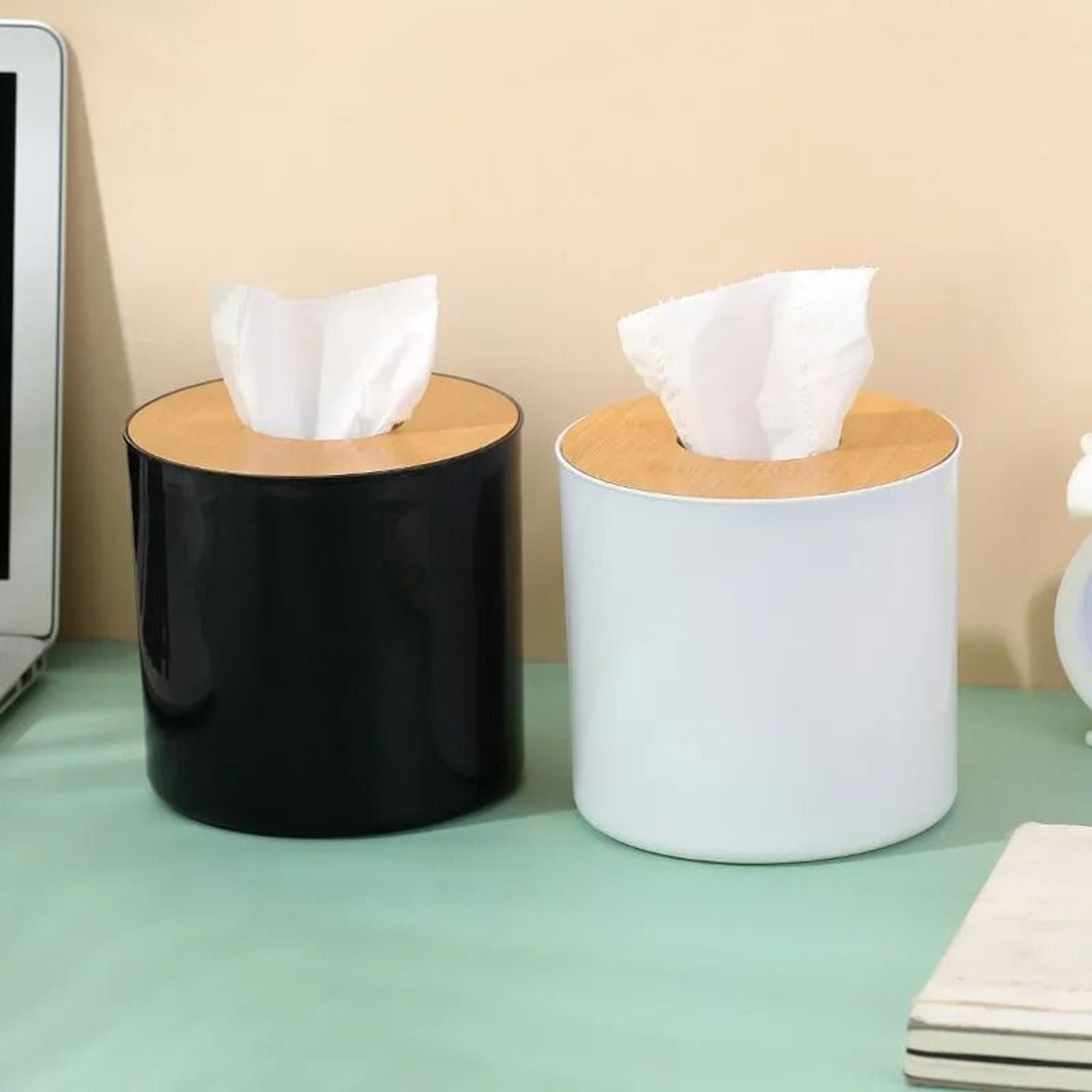 Circular Bamboo And Wood Tissue Box With Remote Control Storage For Living Room 6