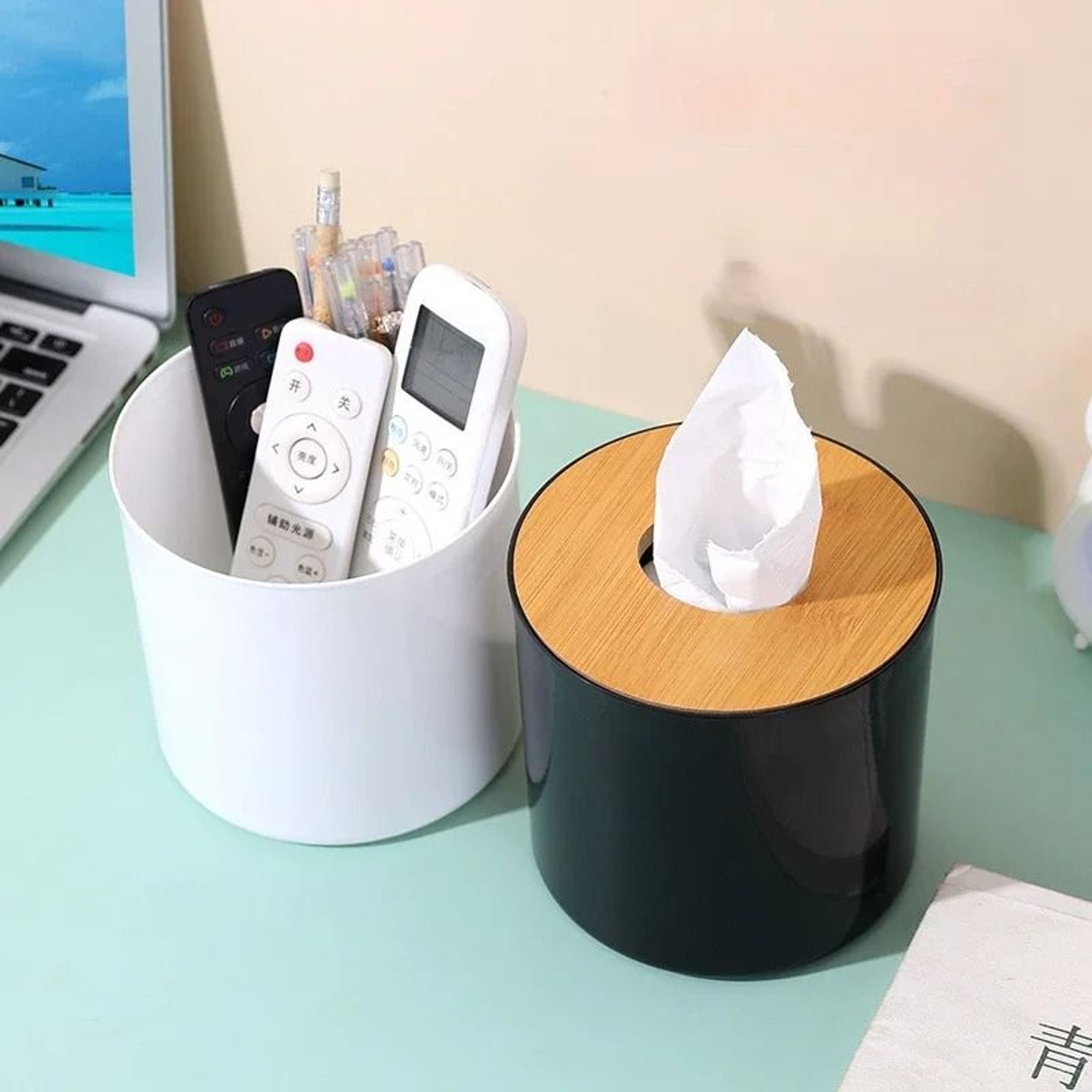 Circular Bamboo And Wood Tissue Box With Remote Control Storage For Living Room 7