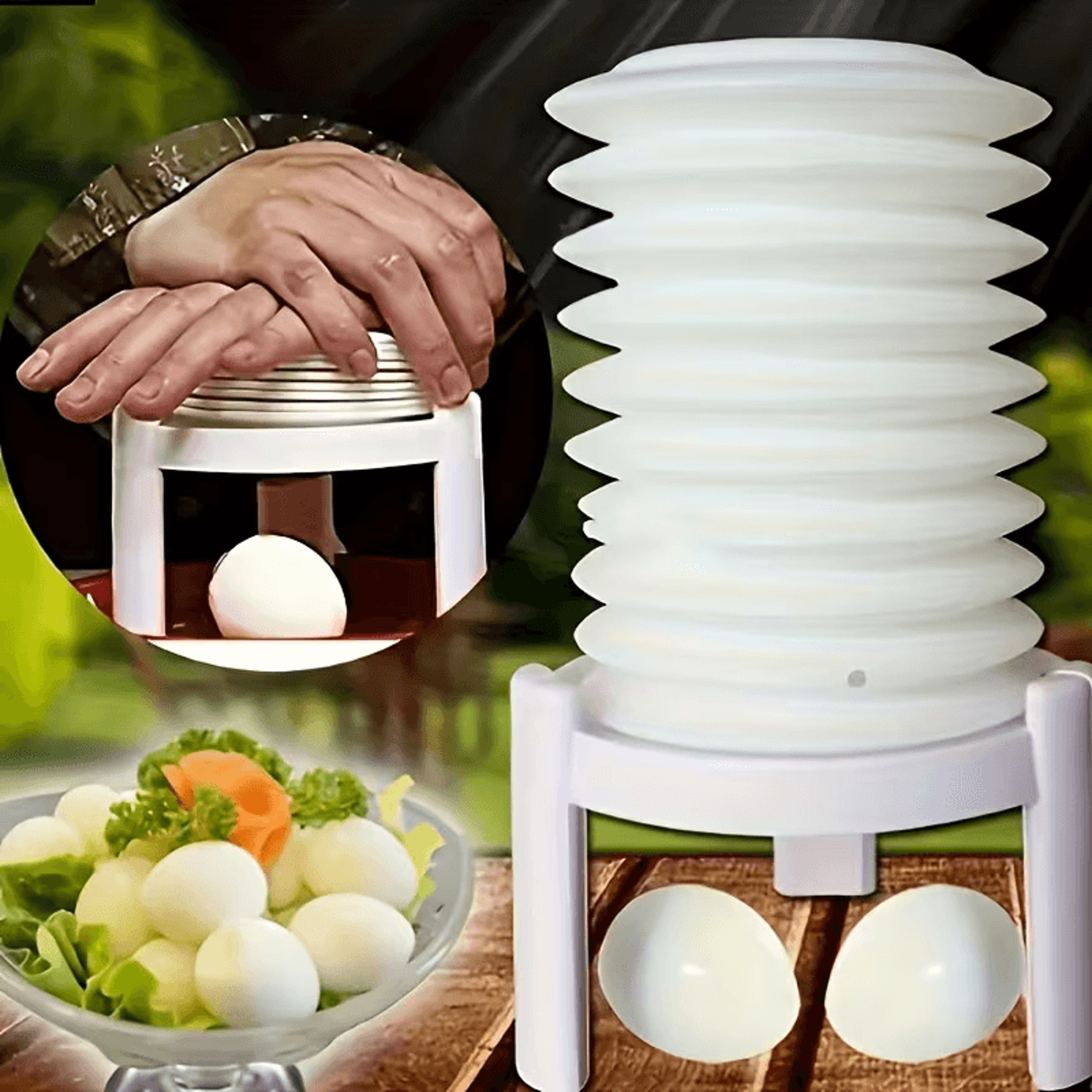Closeup of the Creative Egg Peeler working with a peeled egg ready for use in a recipe
