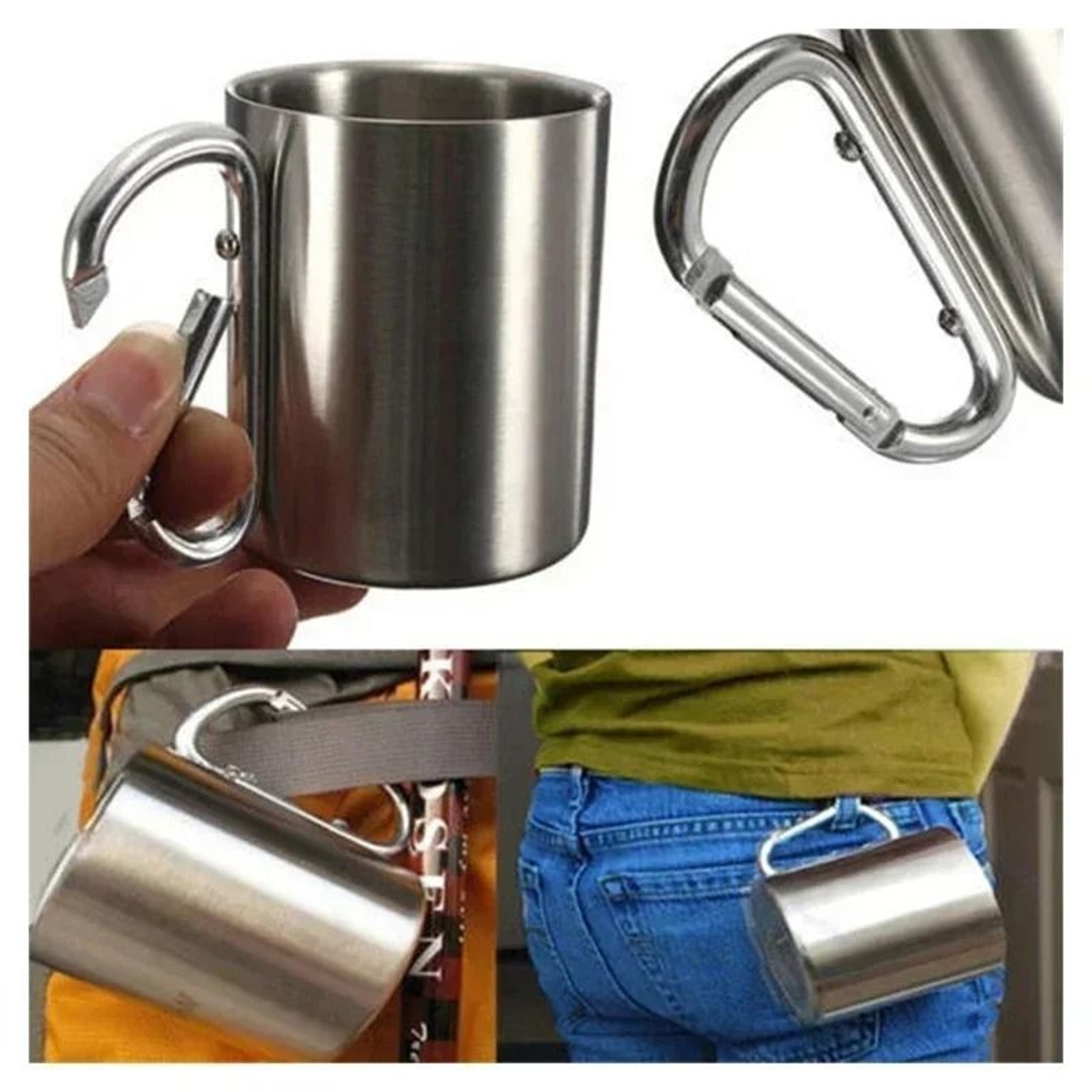 Stainless Steel Camping Mug With Carabiner Handle Lightweight Outdoor Coffee Cup 9