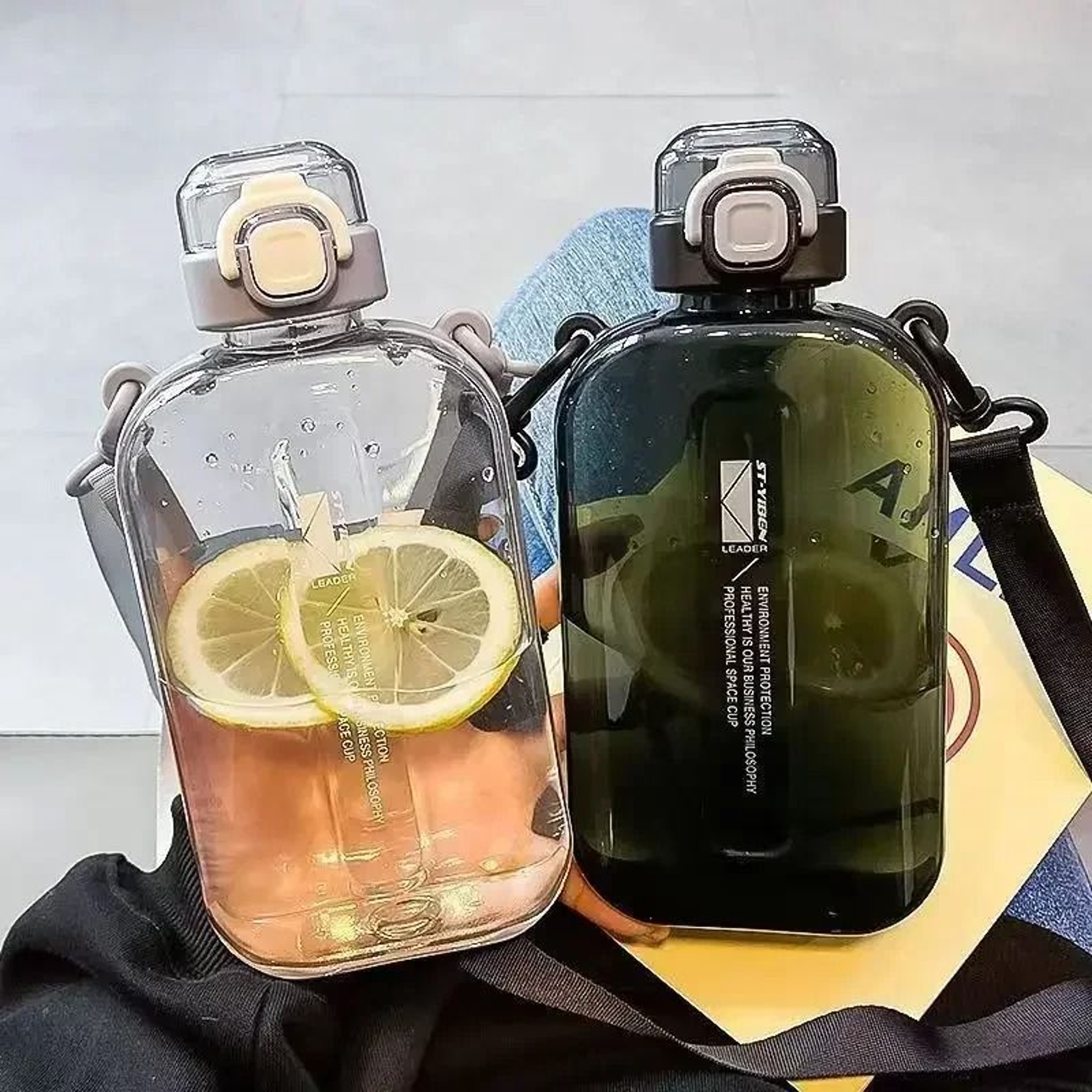 Slim Flat Water Bottle With Strap Transparent Travel Sports Canteen 15