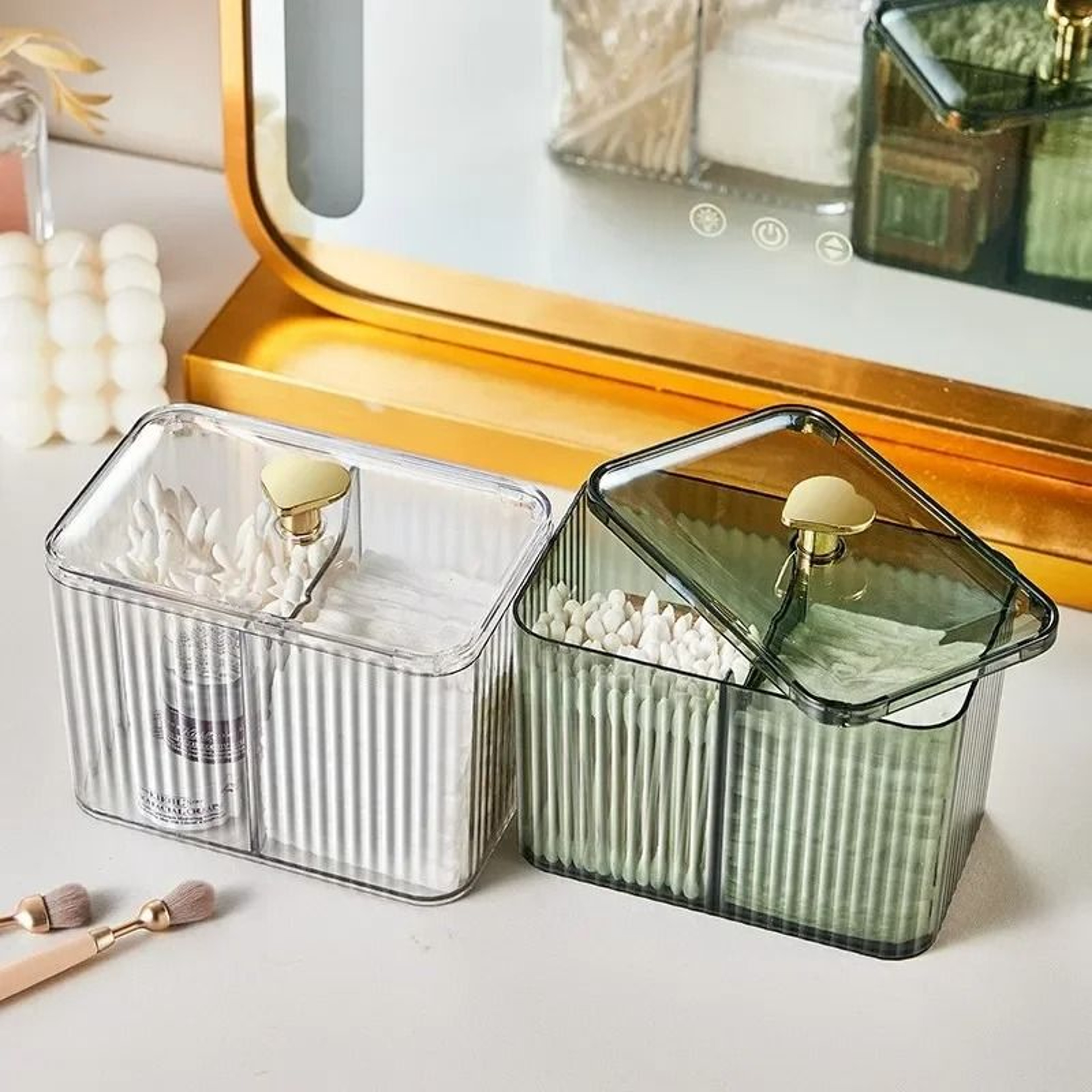 Acrylic Makeup Organizer With Dust Proof Cotton Swab Holder And Cosmetic Storage Compartments 0