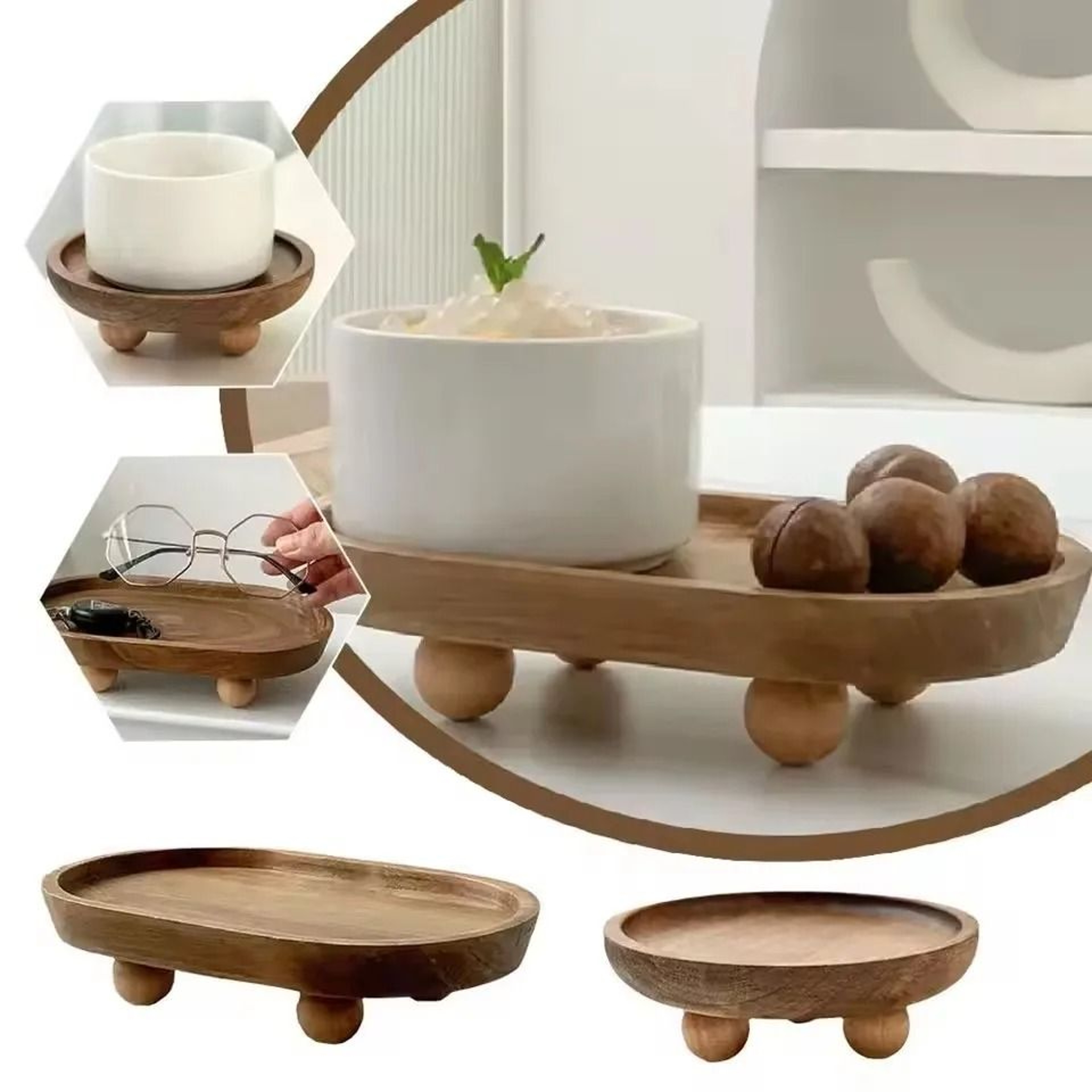 Wooden Serving Tray Round And Oval Dessert Display Plate Decorative Table Tray 4