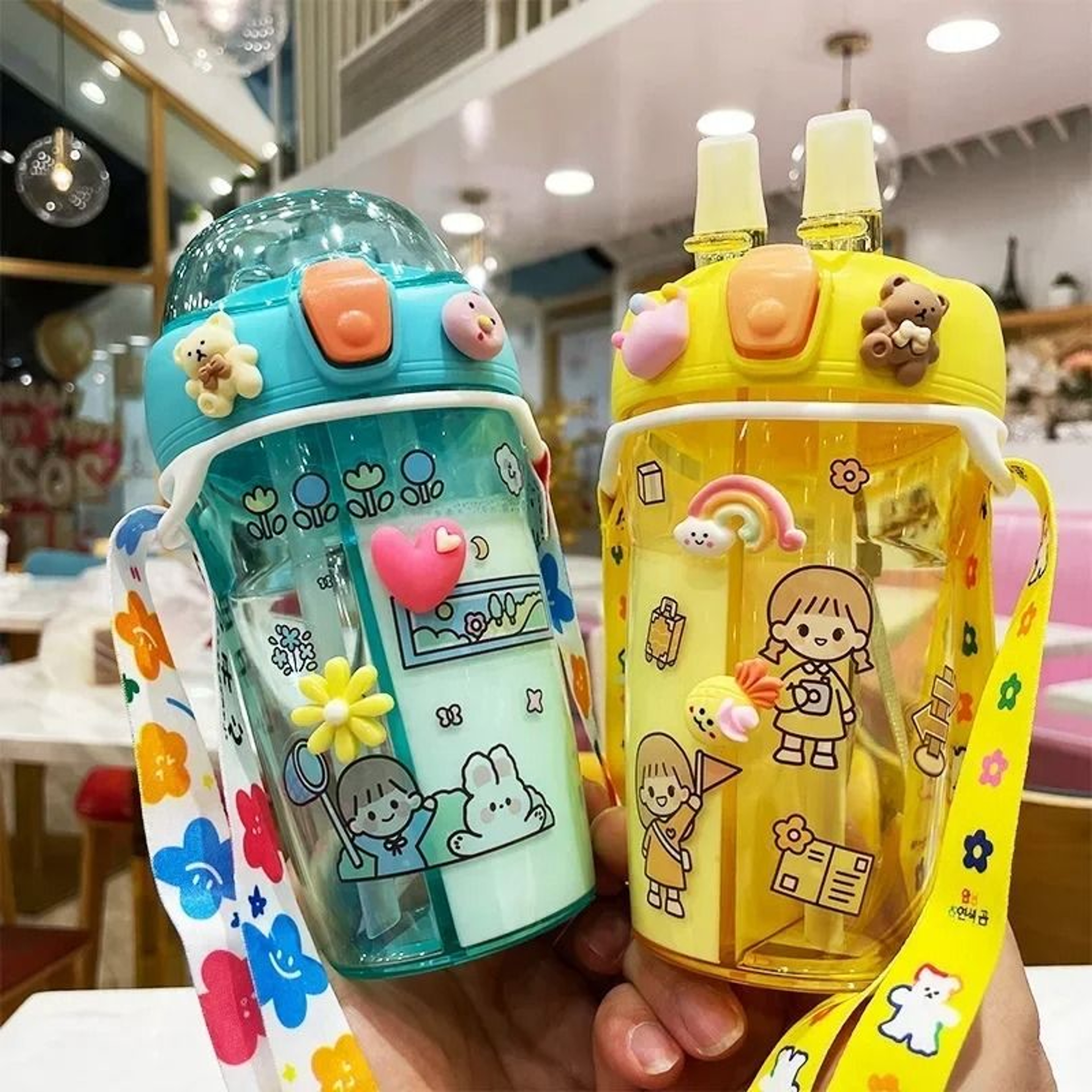 Kids Water Bottle With Double Straw Leak Proof Cute Plastic Bottle 430ml 0