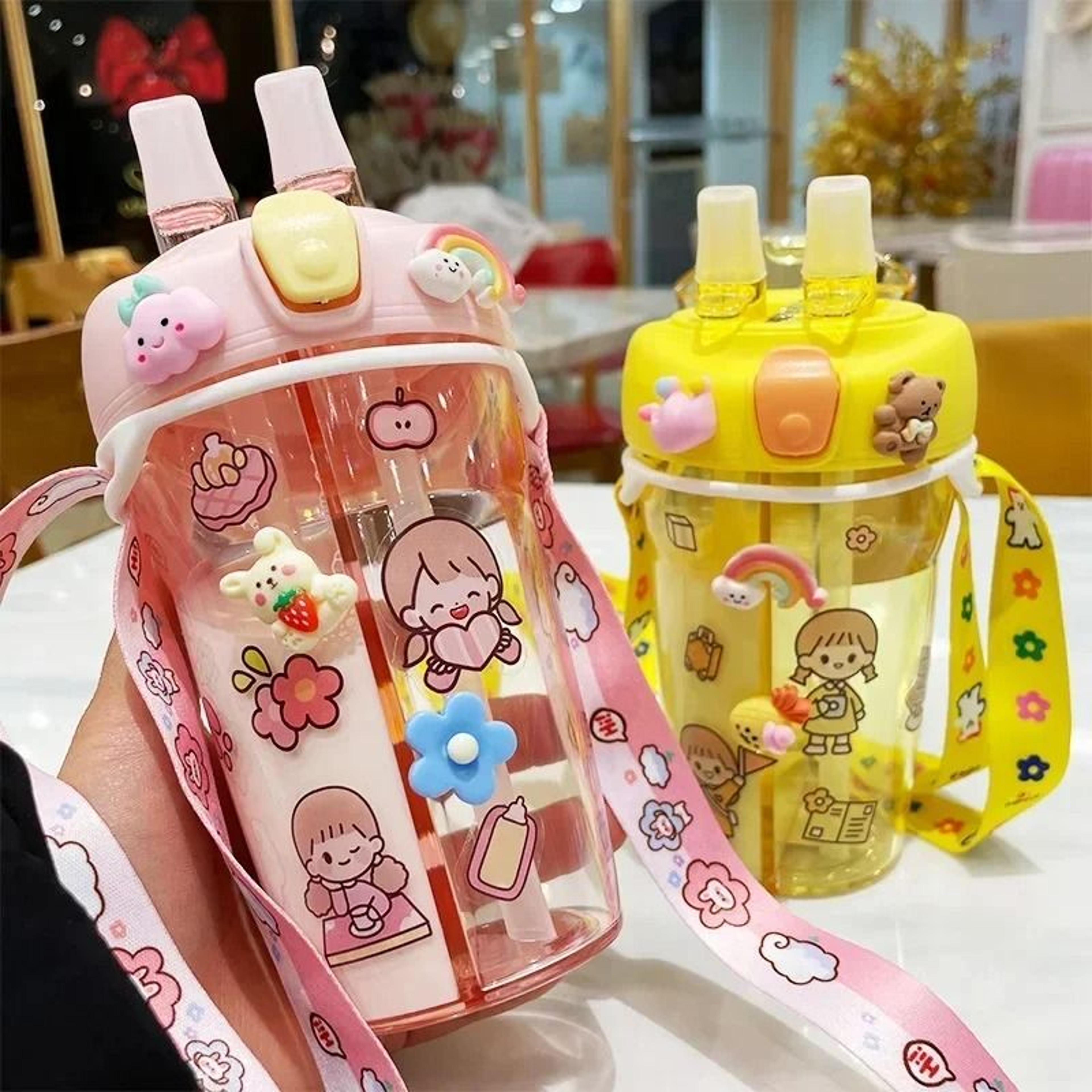 Kids Water Bottle With Double Straw Leak Proof Cute Plastic Bottle 430ml 11