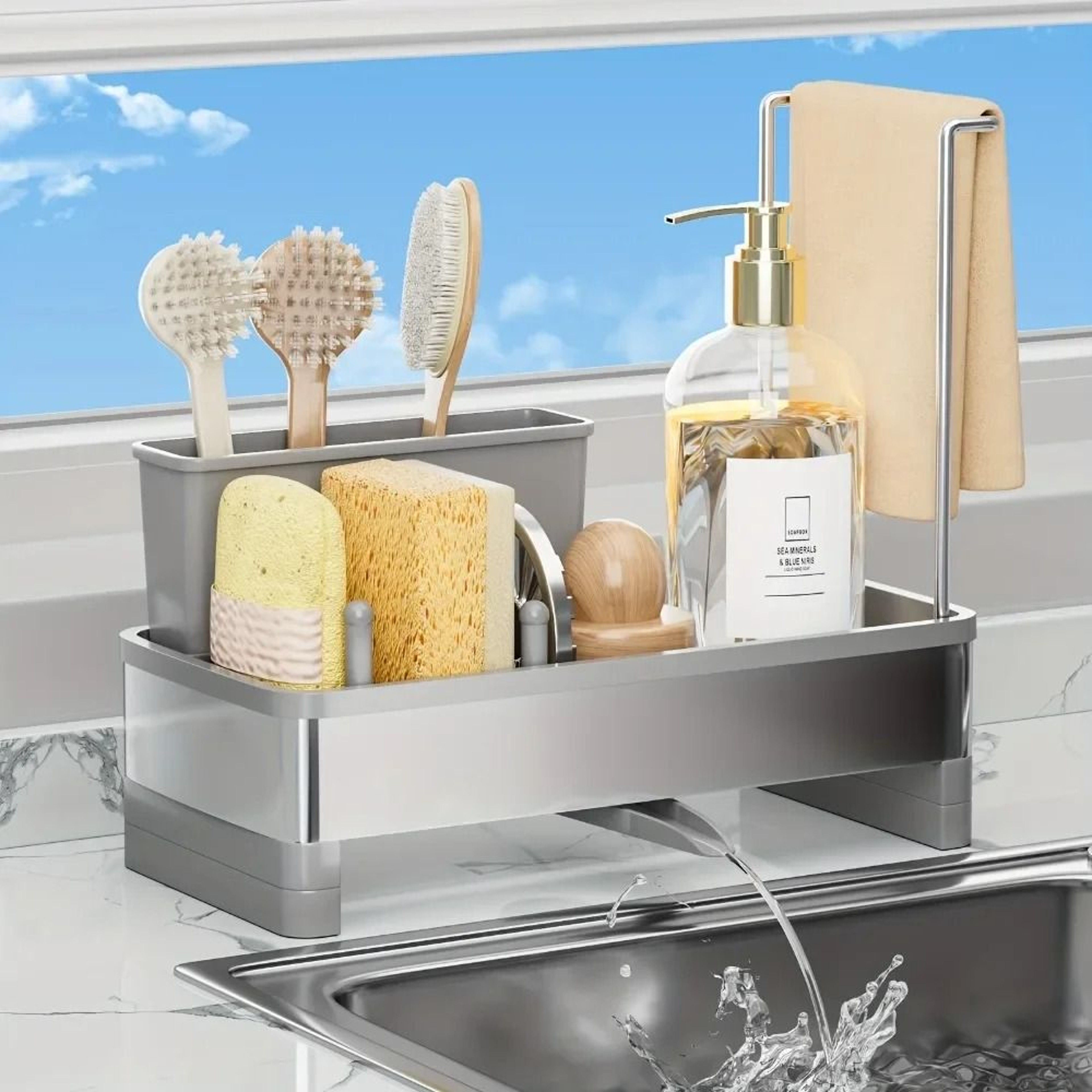 Stainless Steel Sponge Rack With Drain Kitchen Sink Organizer Storage Box 0