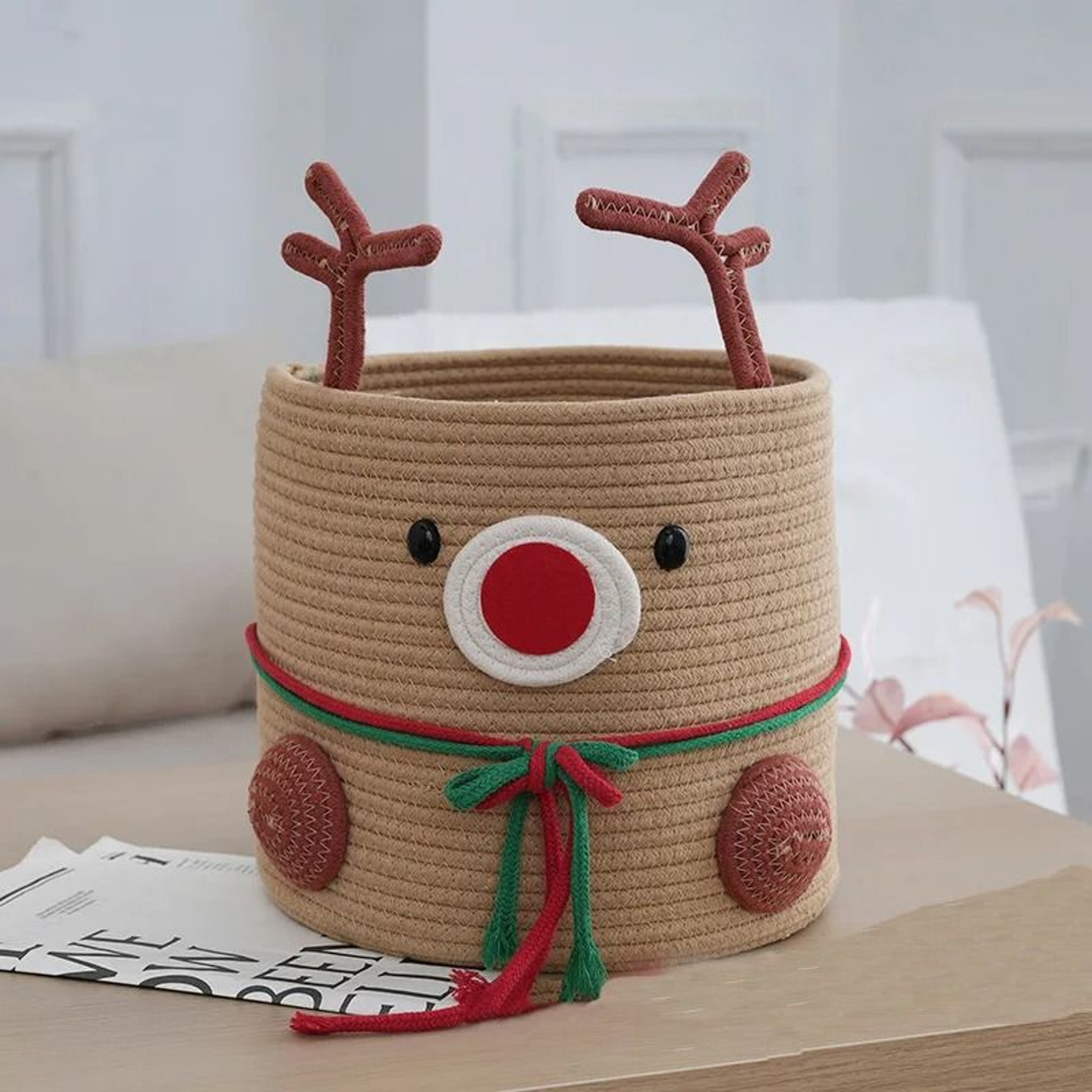 Christmas Reindeer Cotton Rope Woven Storage Basket Large Capacity Home Organizer 2