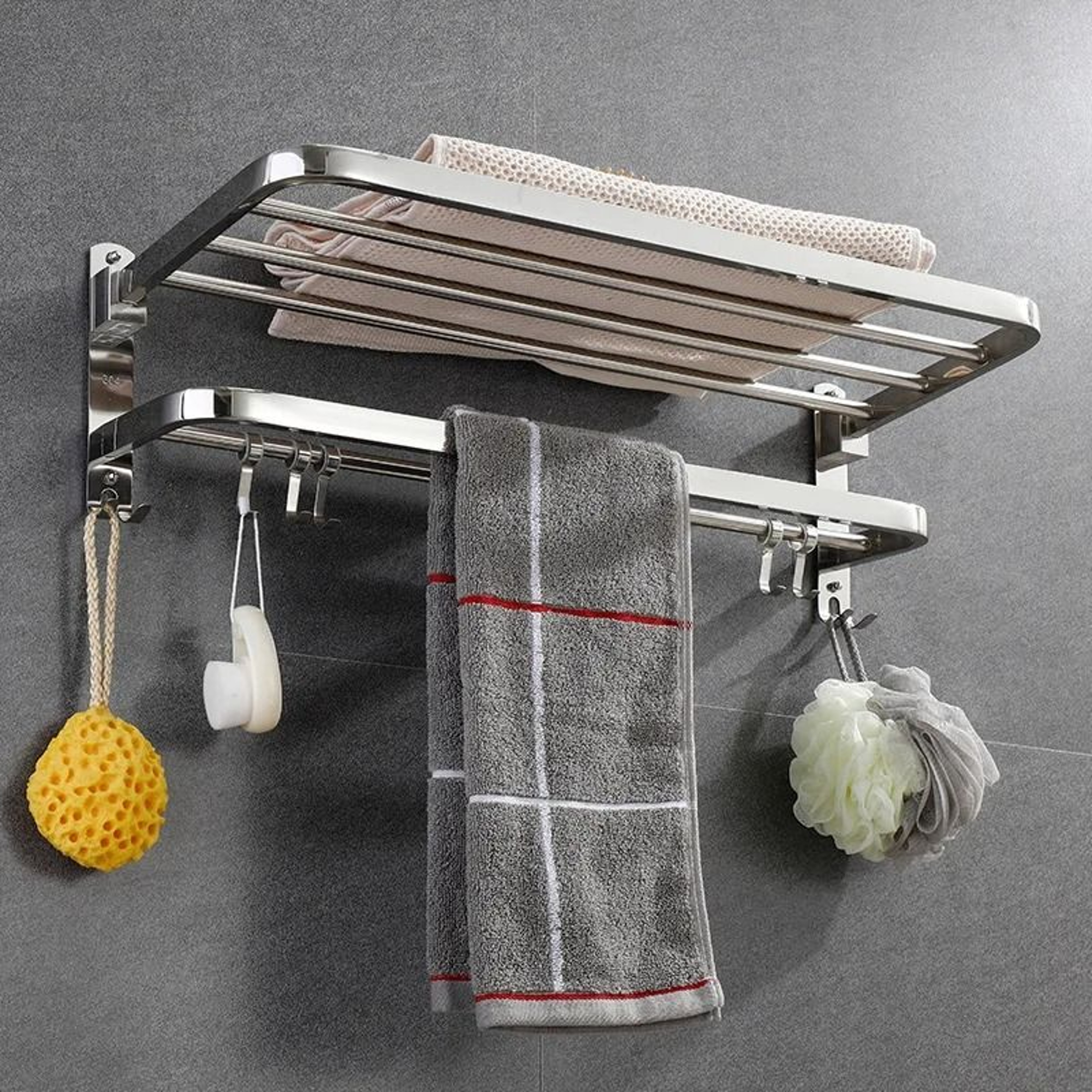 304 Stainless Steel Foldable Bathroom Towel Rack No Punch Storage Holder 9