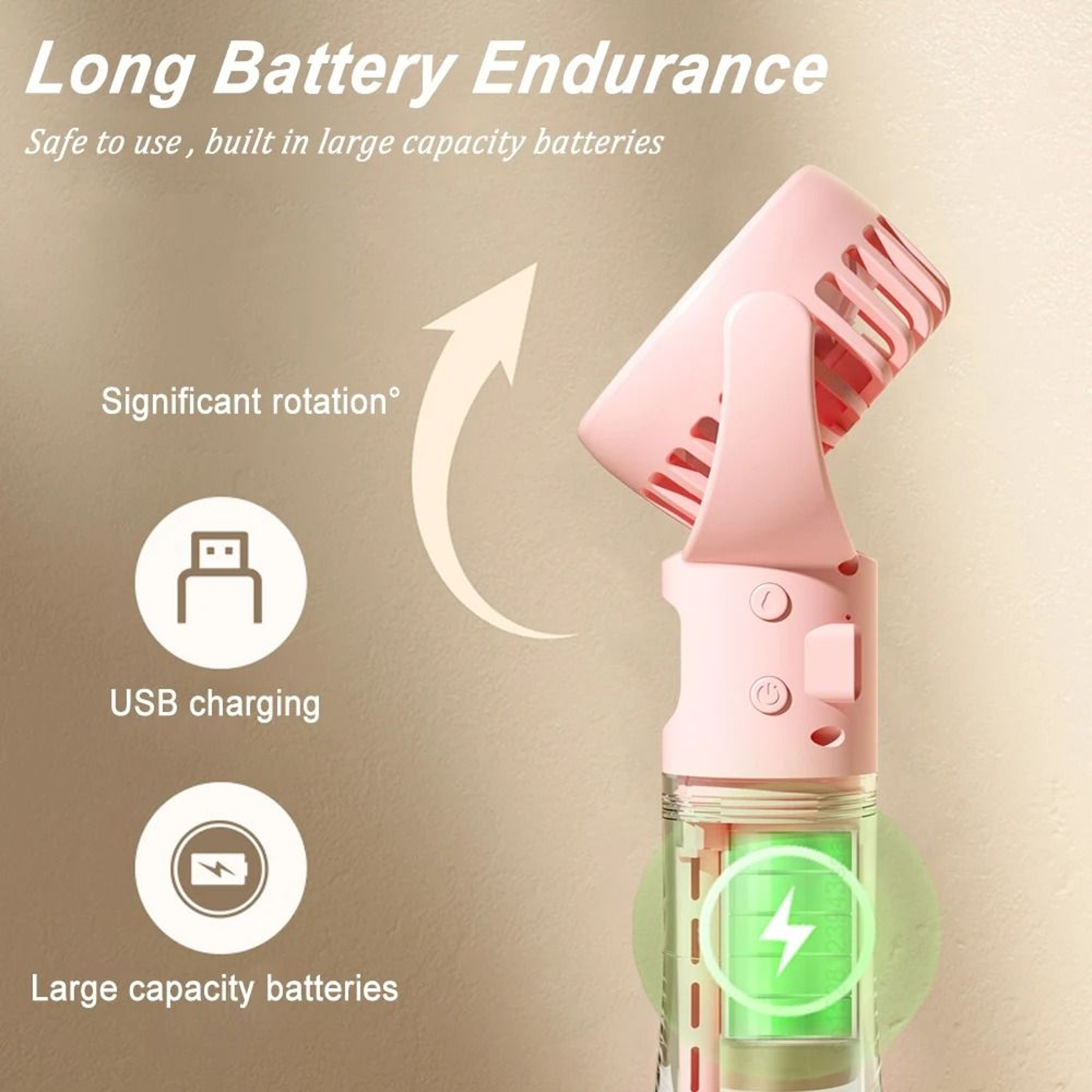 Portable Water Mist Fan USB Rechargeable Handheld Cooling Fan With Neck Strap 9