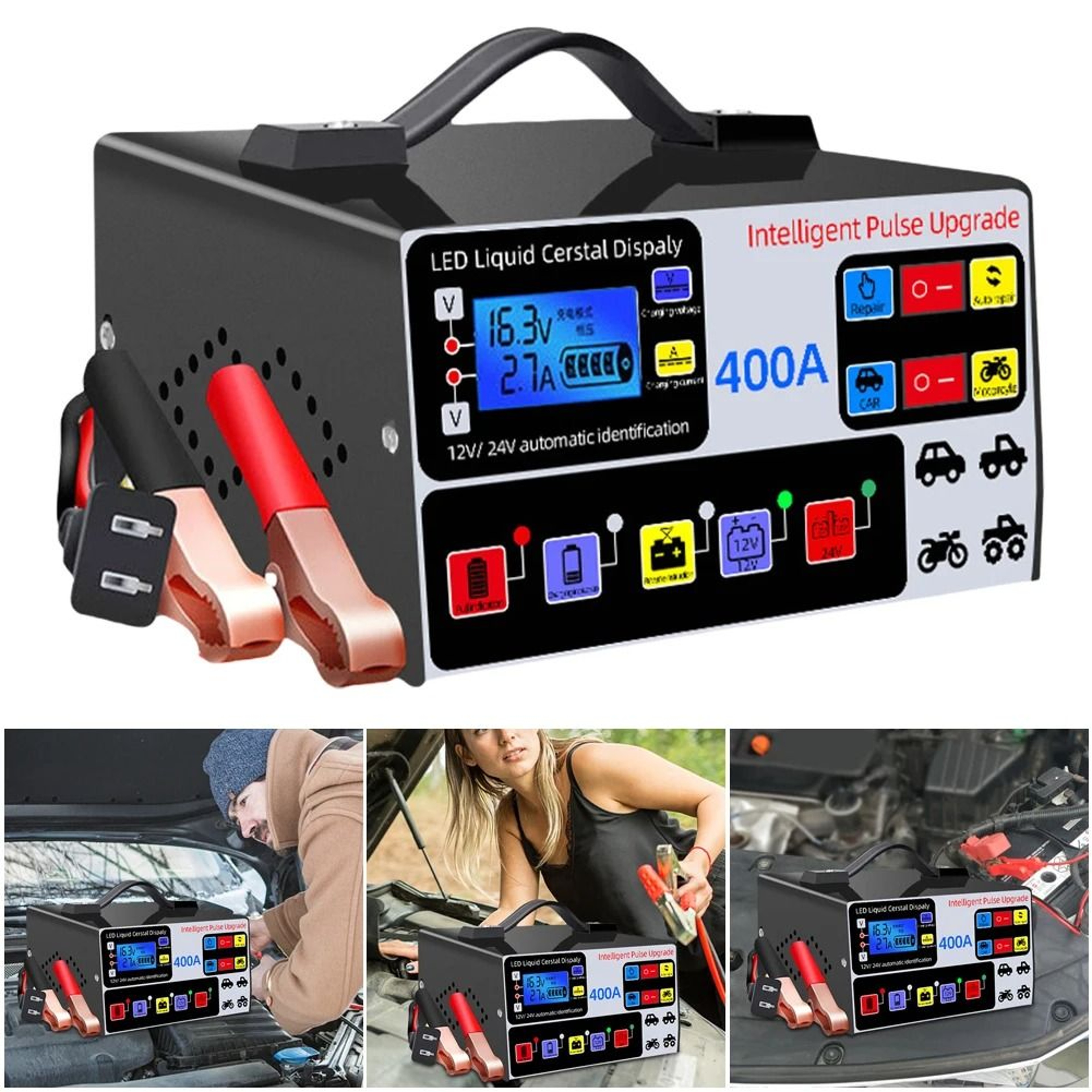 Smart Car Battery Charger 12V 24V With LCD Display Pulse Repair 5