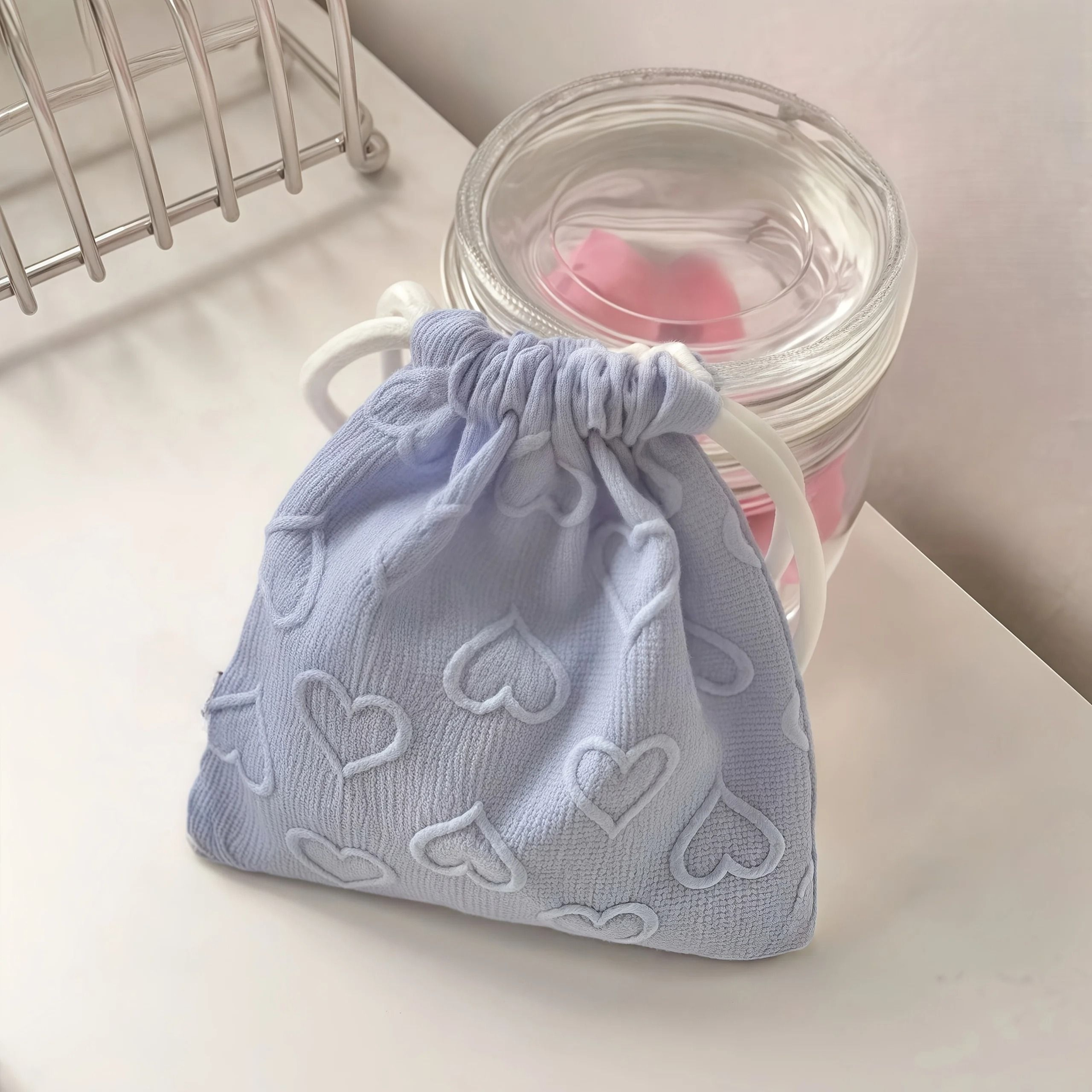 Cute Heart Print Drawstring Storage Bag Travel Cable Organizer 2